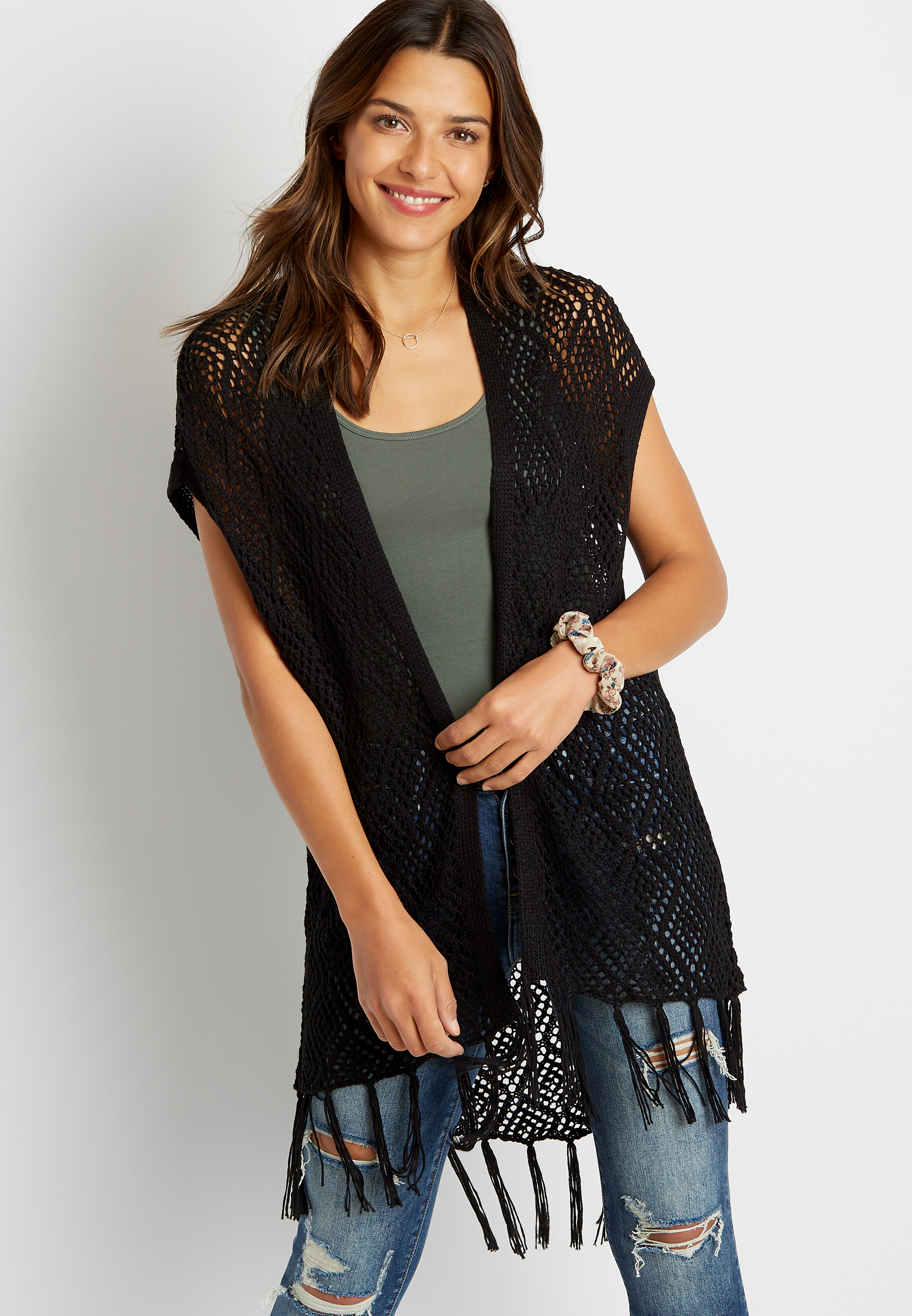 Open Stitch Fringe Trim Cardigan | maurices