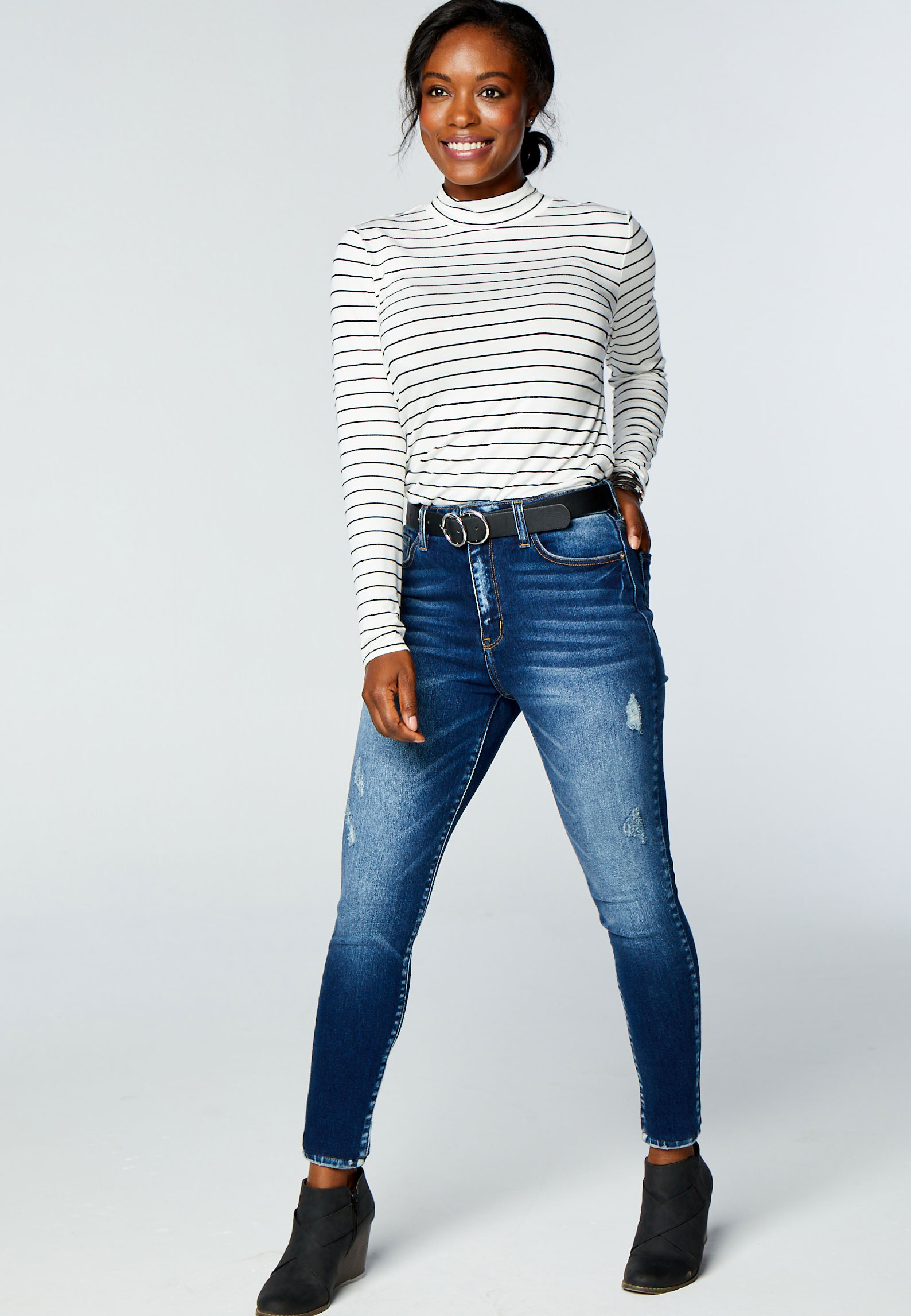 high rise dark wash skinny jeans