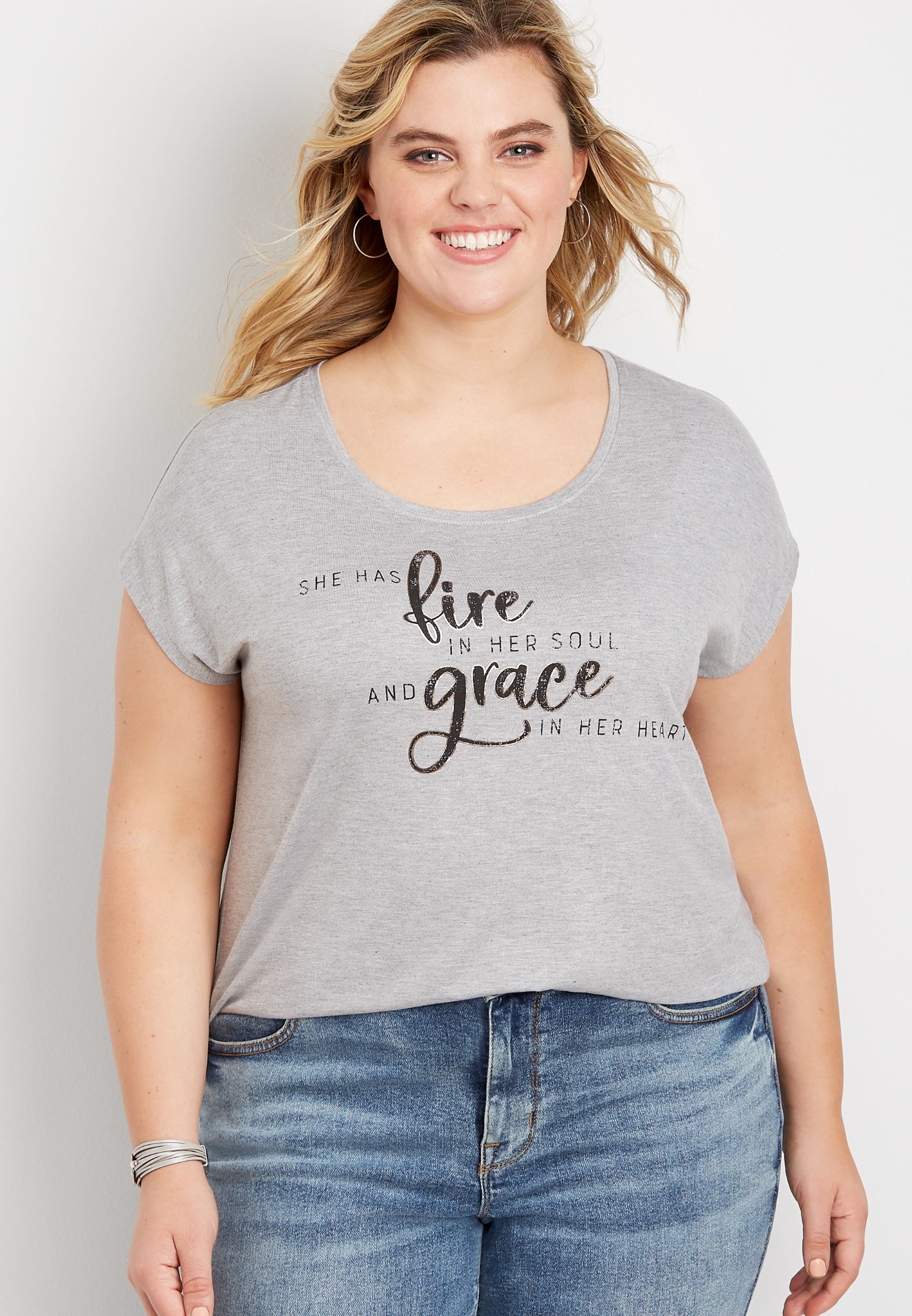 Plus Size Fire In Her Soul Gray Graphic Tee | maurices