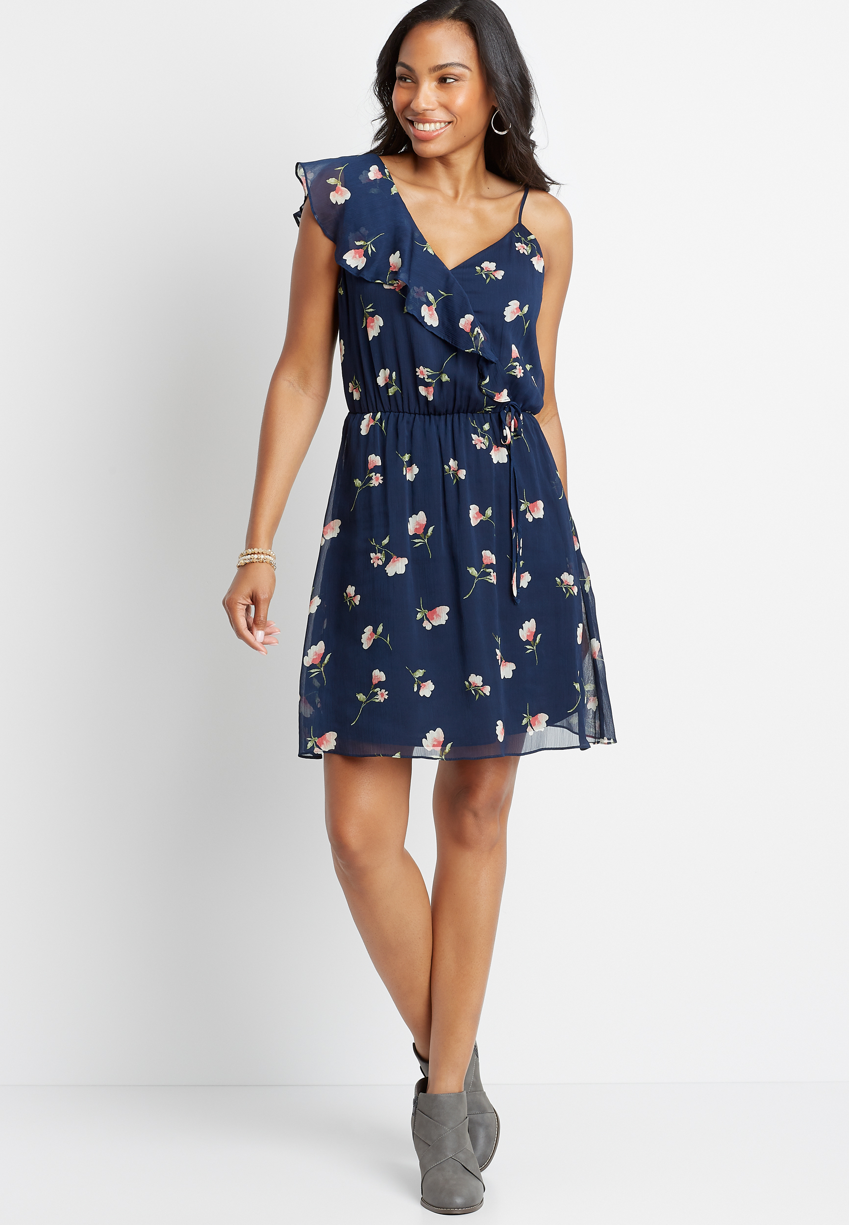 Blue Floral Ruffle Strap V Neck Mini Dress | maurices