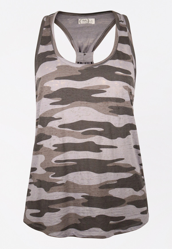 24/7 Gray Camo Knotted Back Tank Top | maurices