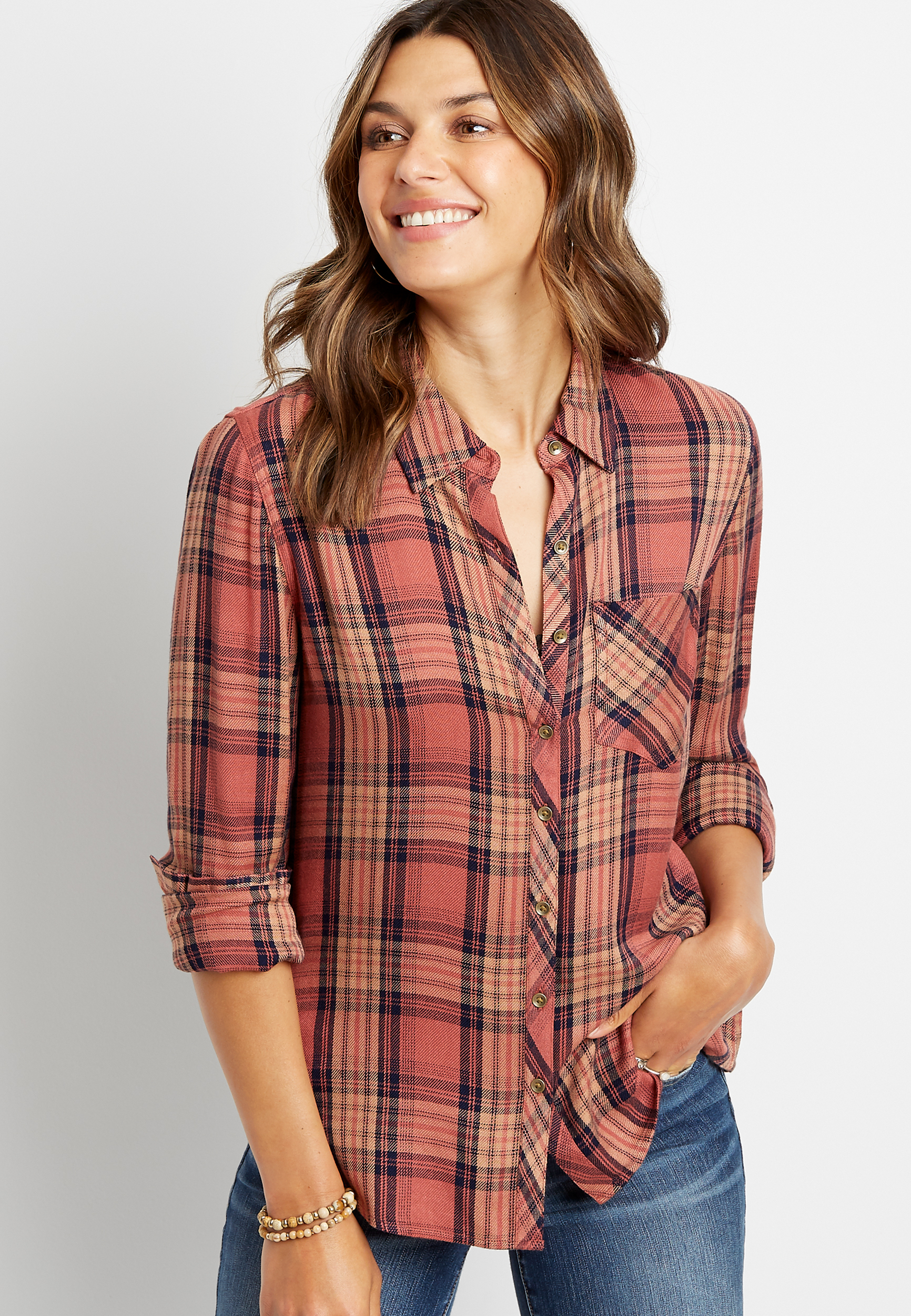 Multi Plaid Button Down Long Sleeve Shirt maurices