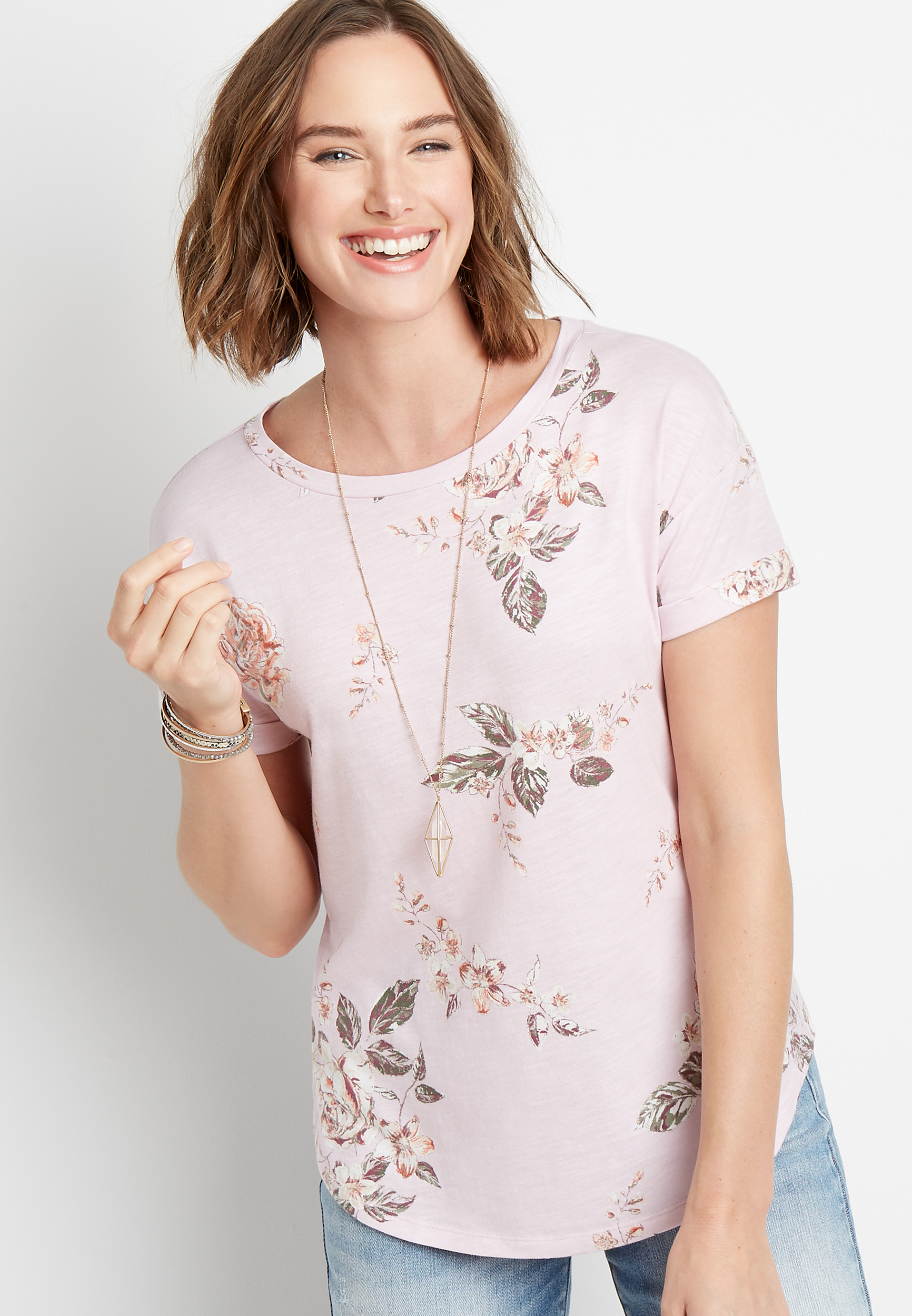 24/7 Lilac Floral Drop Shoulder Tee | maurices