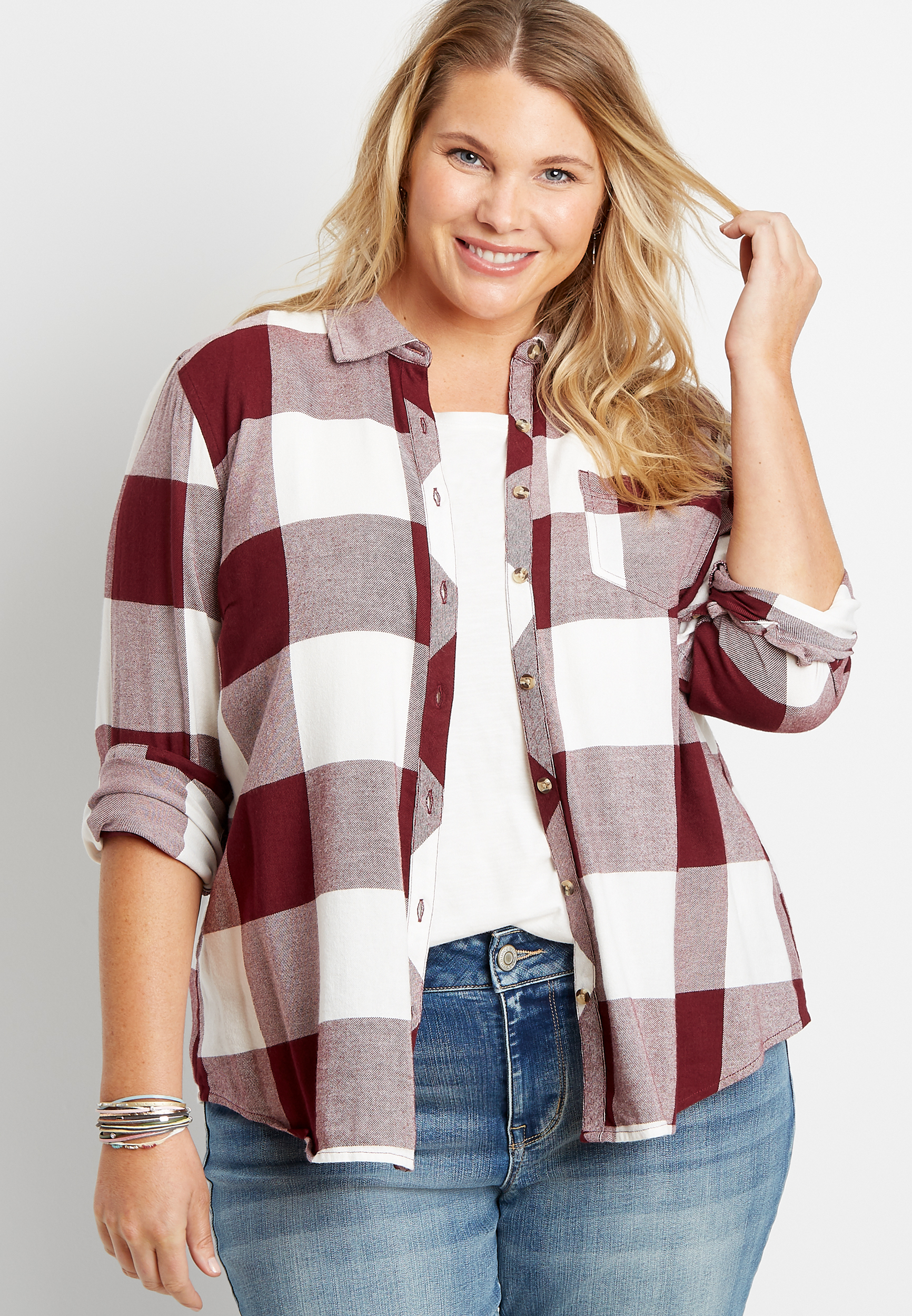 Plus Size Maroon Buffalo Plaid Button Down Shirt | maurices