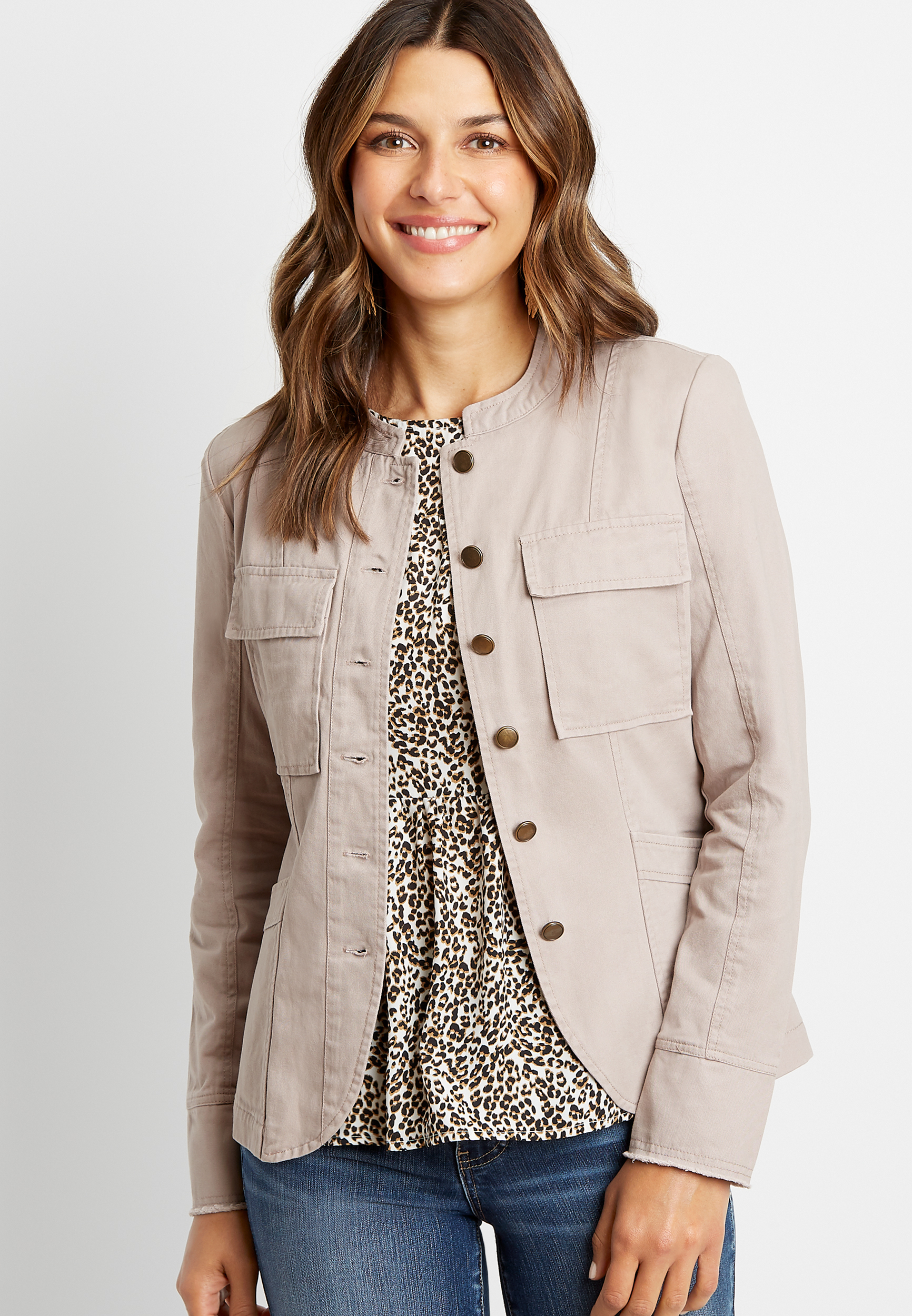 Solid Button Front Military Jacket | maurices