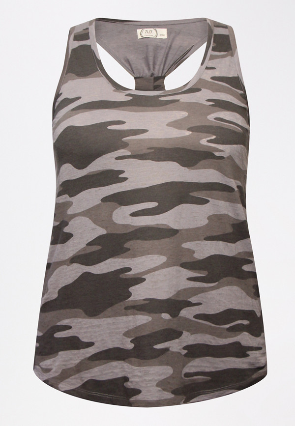 Plus Size 24/7 Gray Camo Knotted Back Tank Top | maurices
