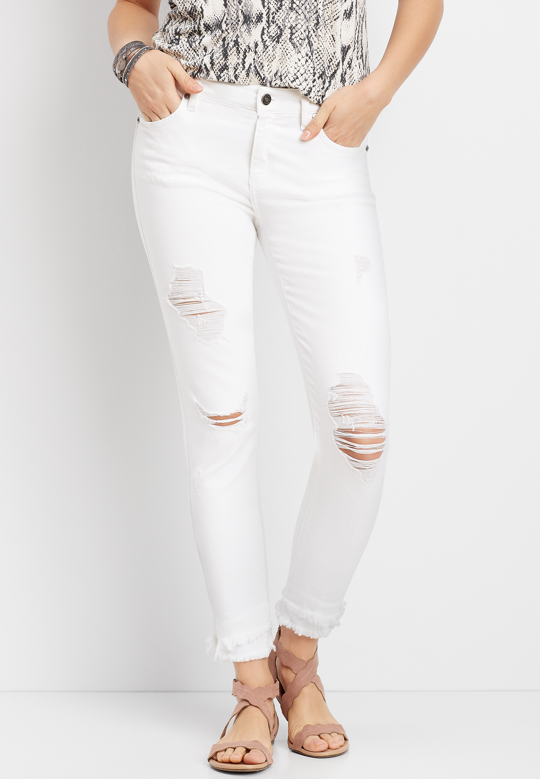 white frayed skinny jeans