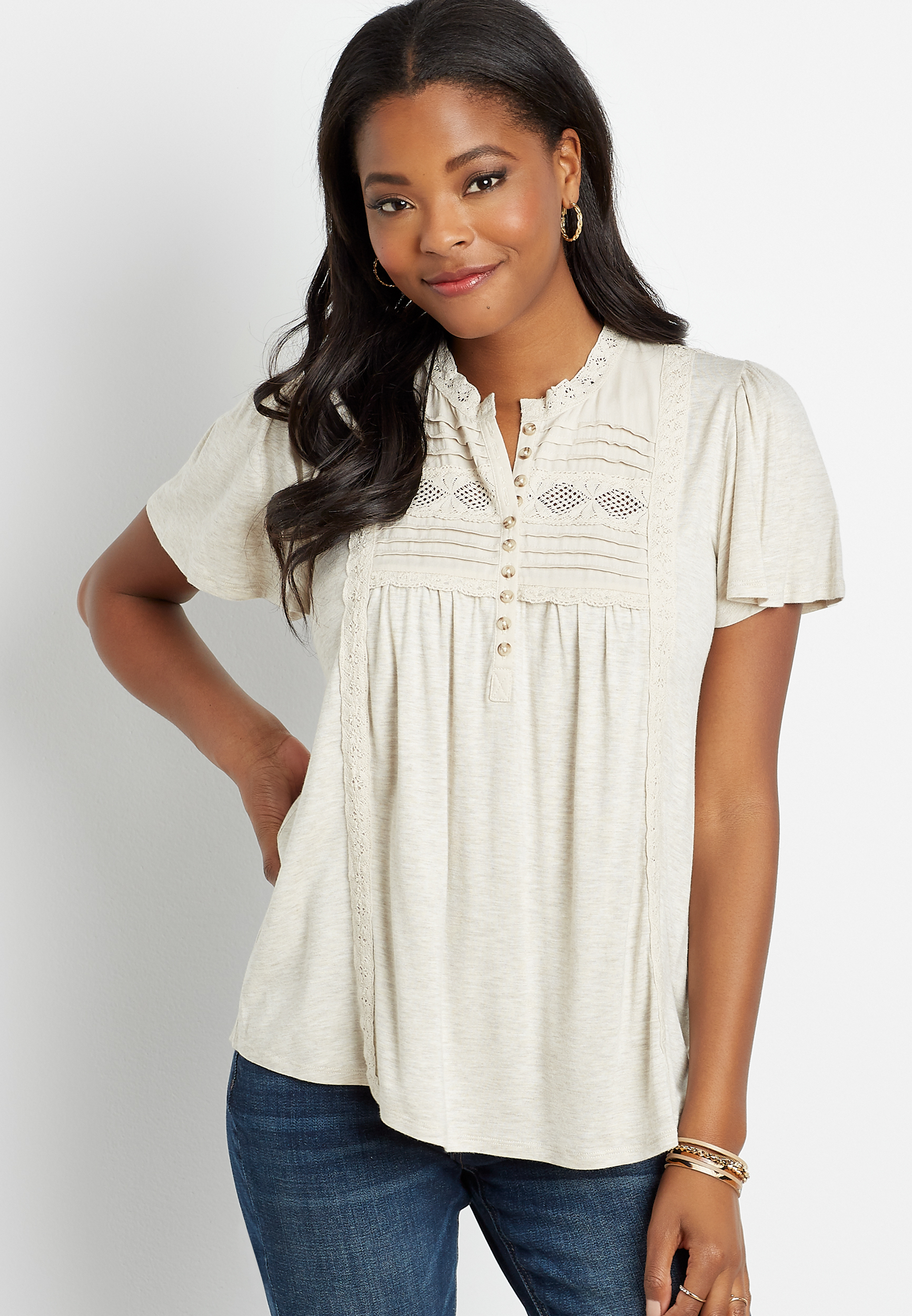 Lace Henley Neck Short Sleeve Top | maurices