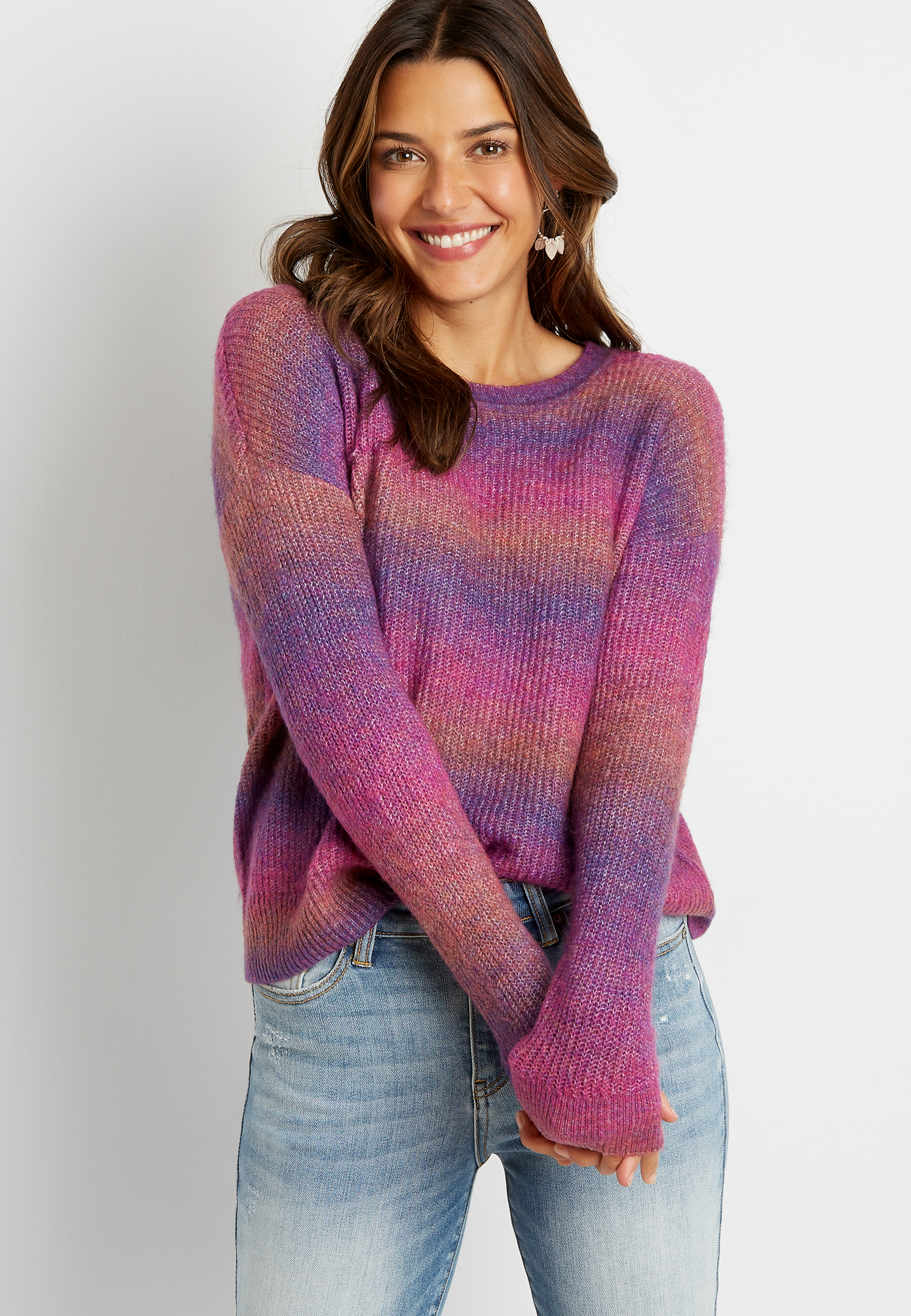 Purple Spacedye Crew Neck Pullover Sweater | maurices