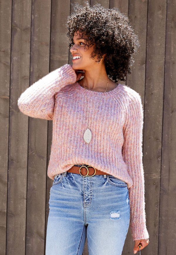 Pink Multi Yarn Crew Neck Pullover Sweater