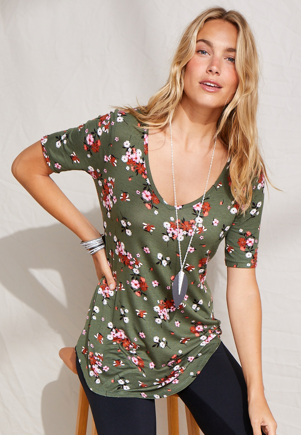 24/7 Flawless Olive Floral Tunic Tee | maurices