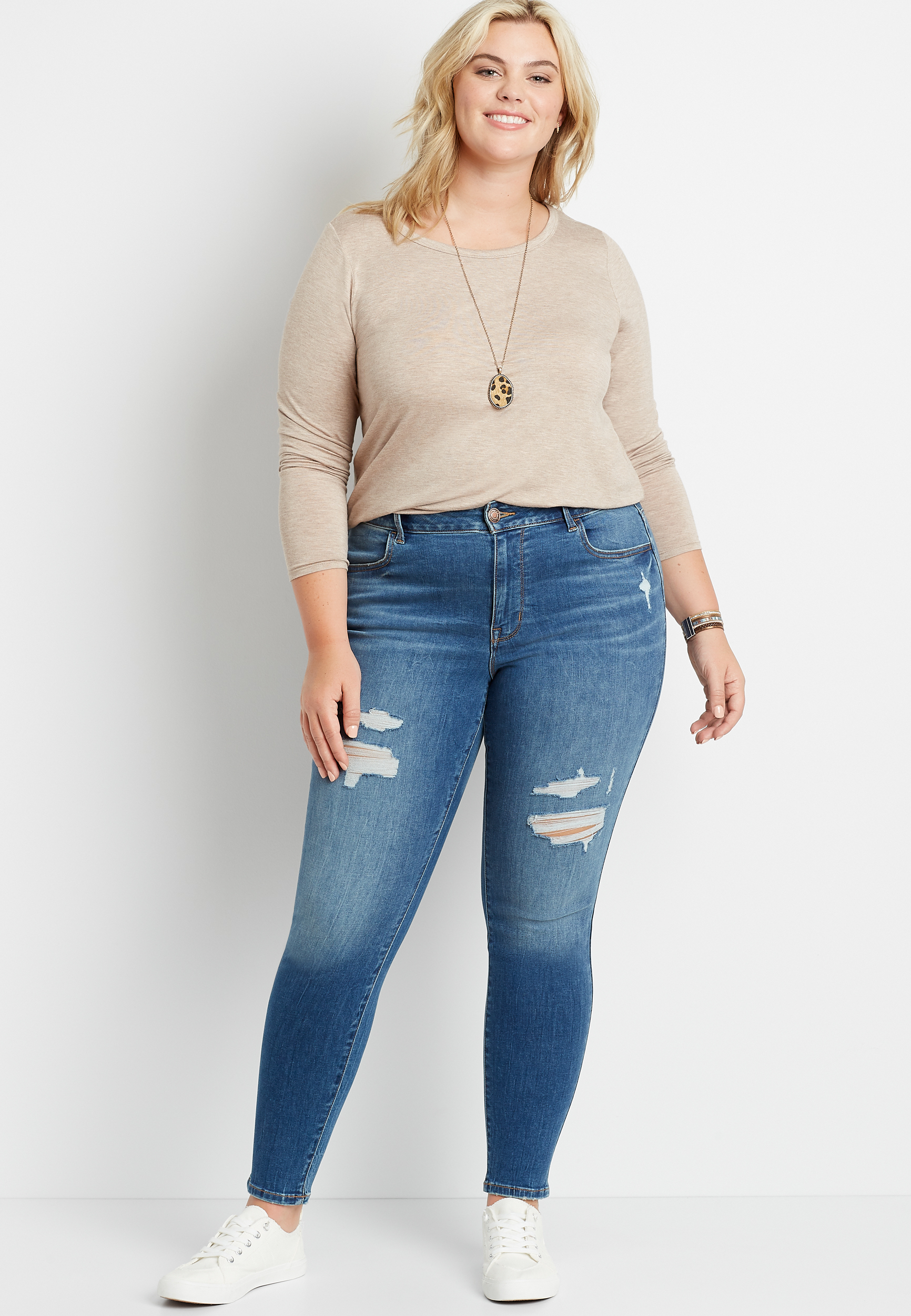 Plus Size DenimFlex™ High Rise Medium Tinted Destructed Jegging | maurices