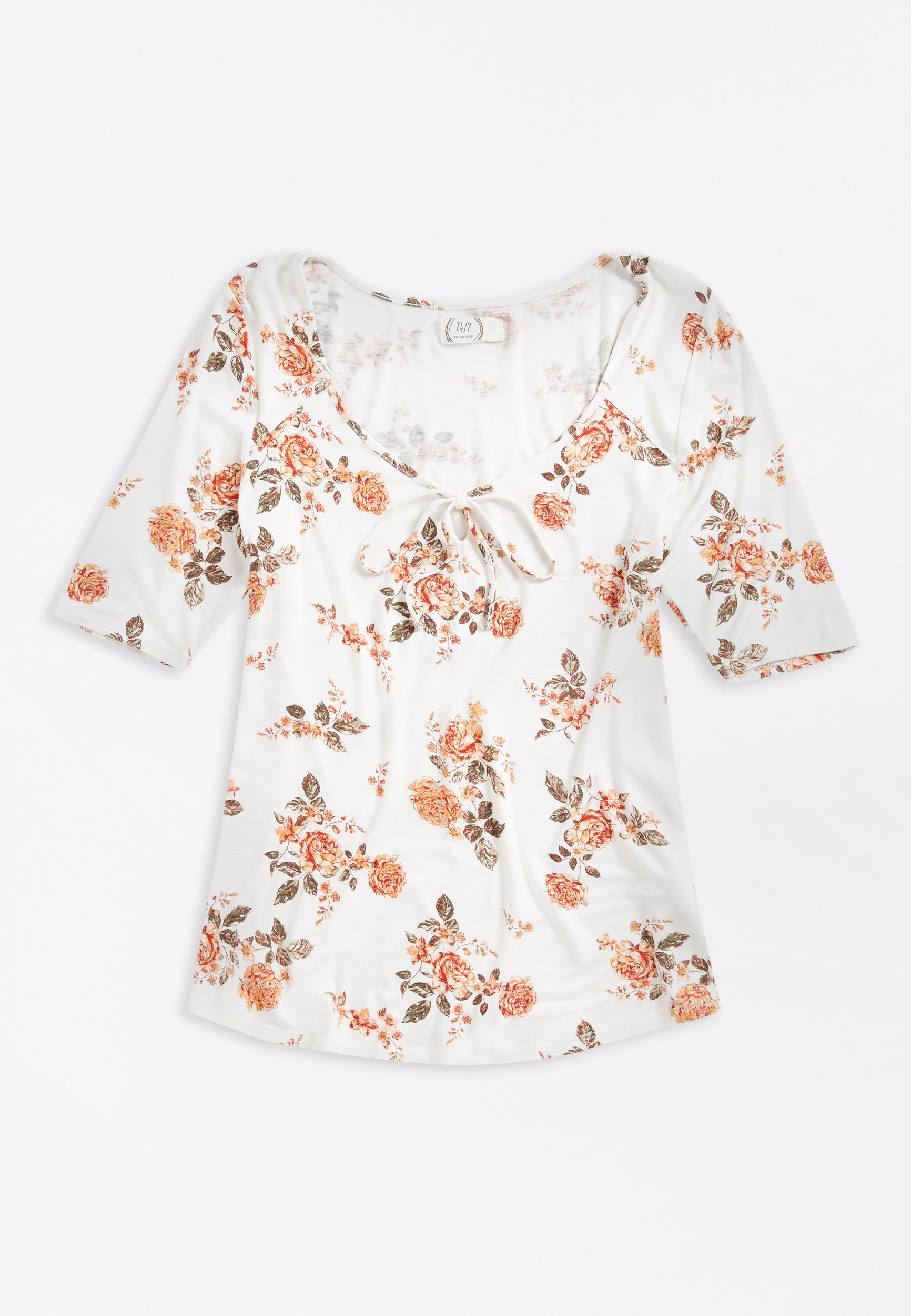 24/7 White Floral Keyhole Neck Tee | maurices