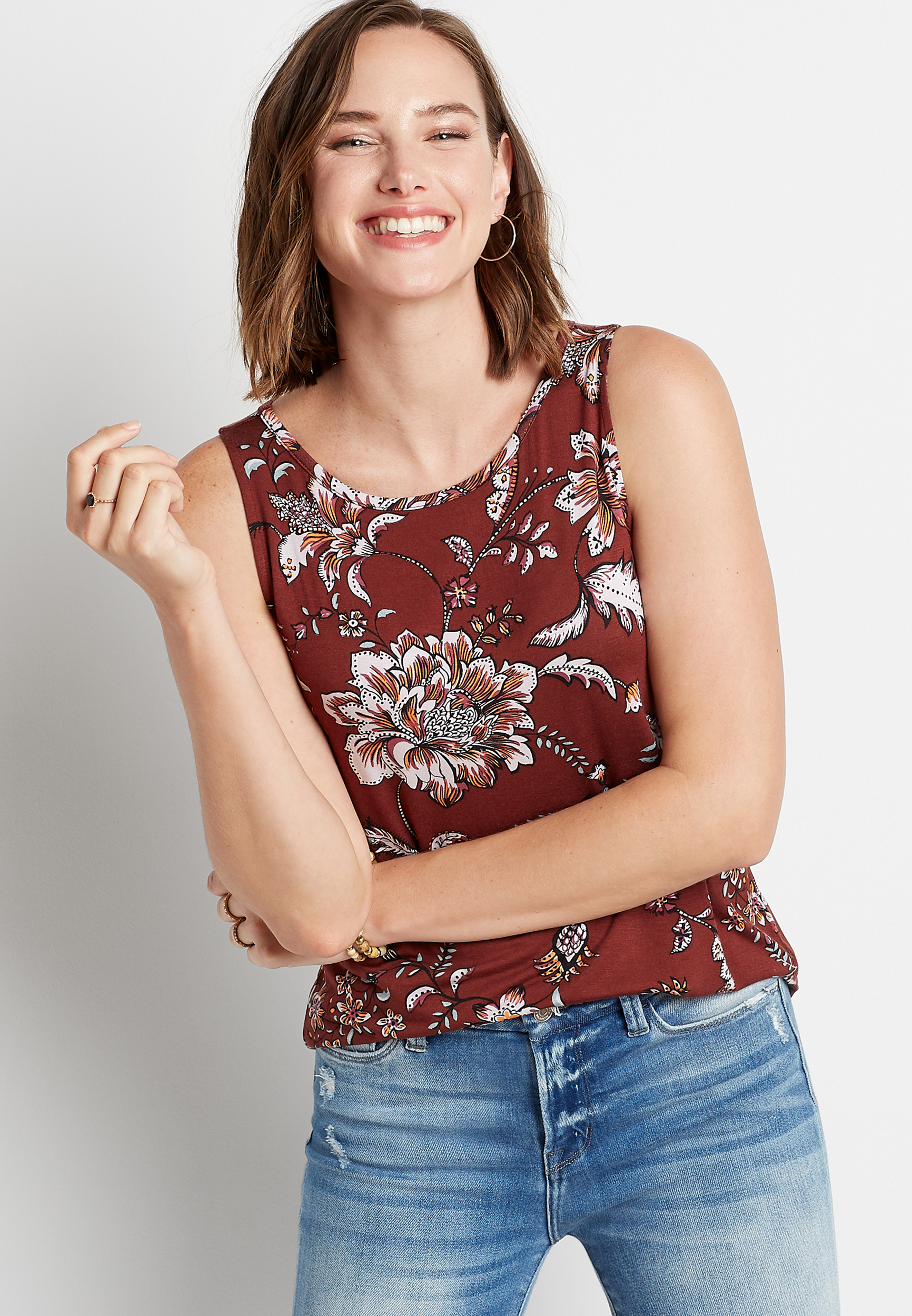 24 7 Red Floral V Neck Tank Top 