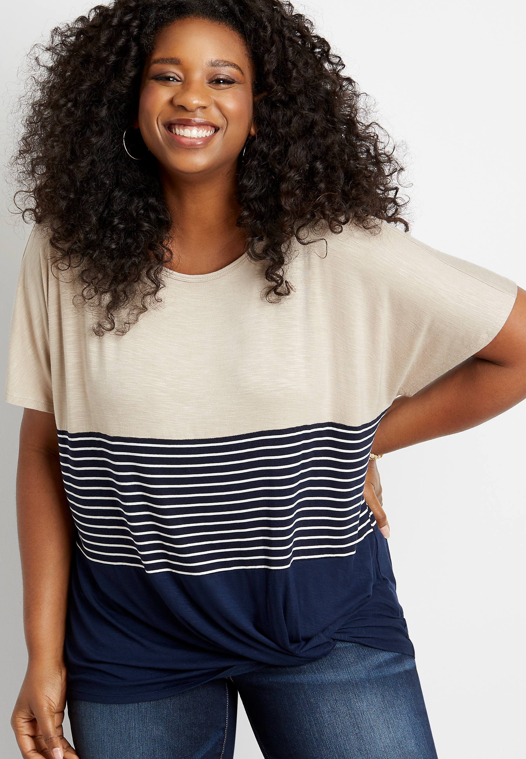 Plus Size 24/7 Stripe Colorblock Knot Hem Tee | maurices