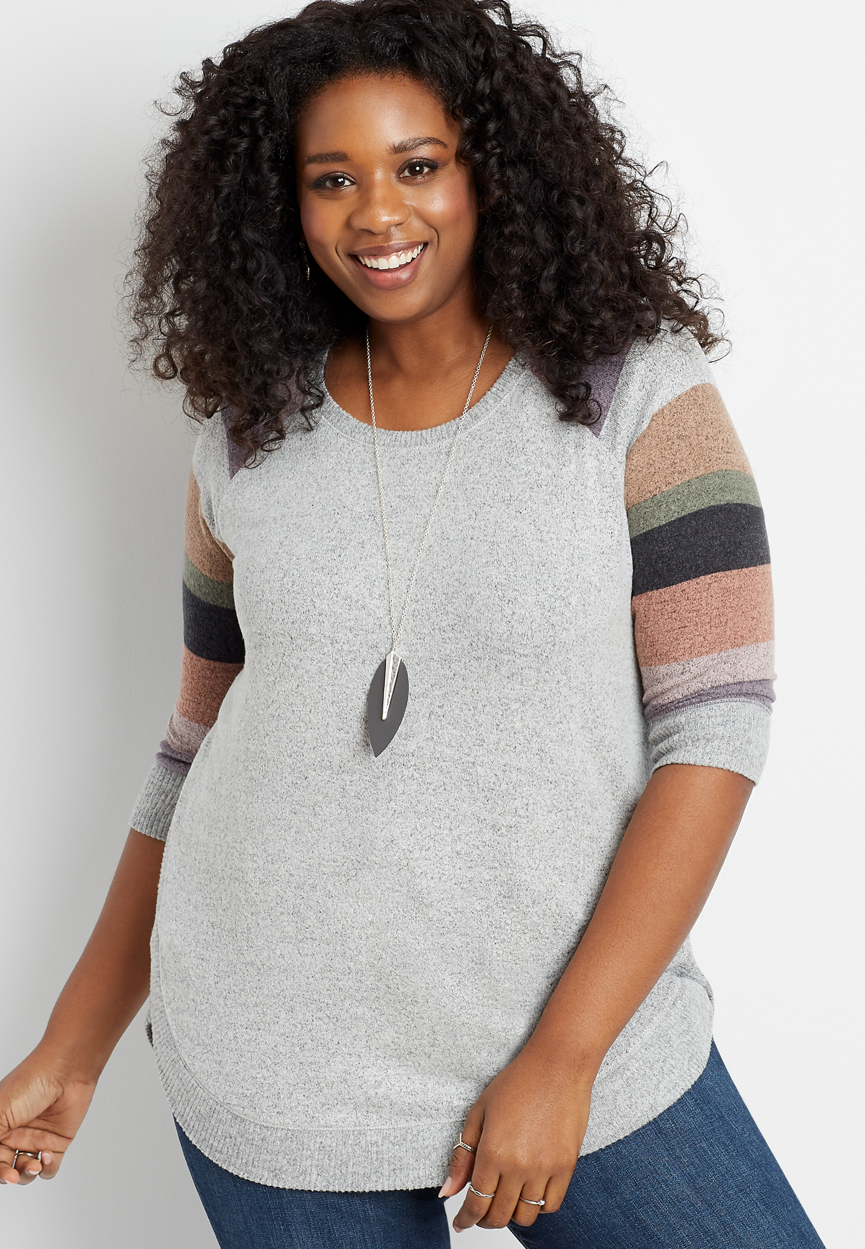 Plus Size Gray Striped Sleeve Round Hem Pullover | maurices