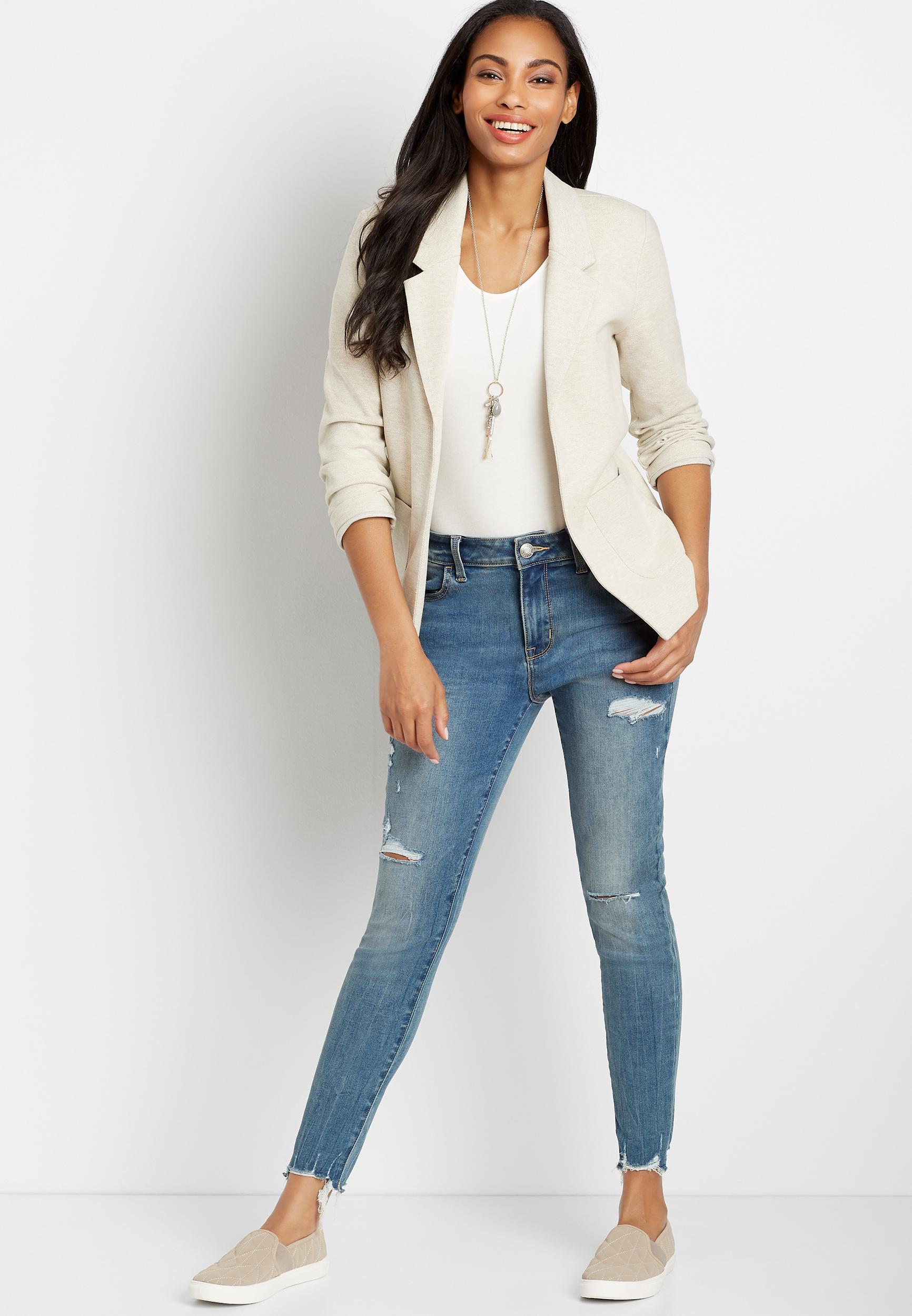 High Rise Medium Wash Destructed Jegging Made With REPREVE® | maurices