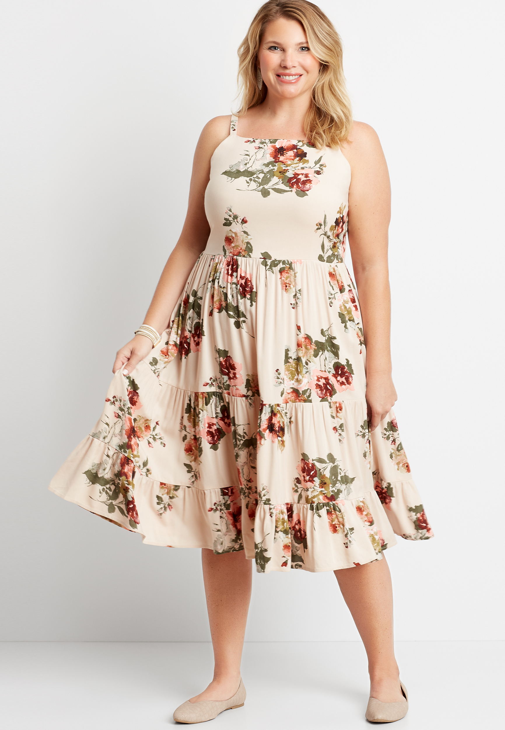 Plus Size Pink Floral Babydoll Midi Dress | maurices