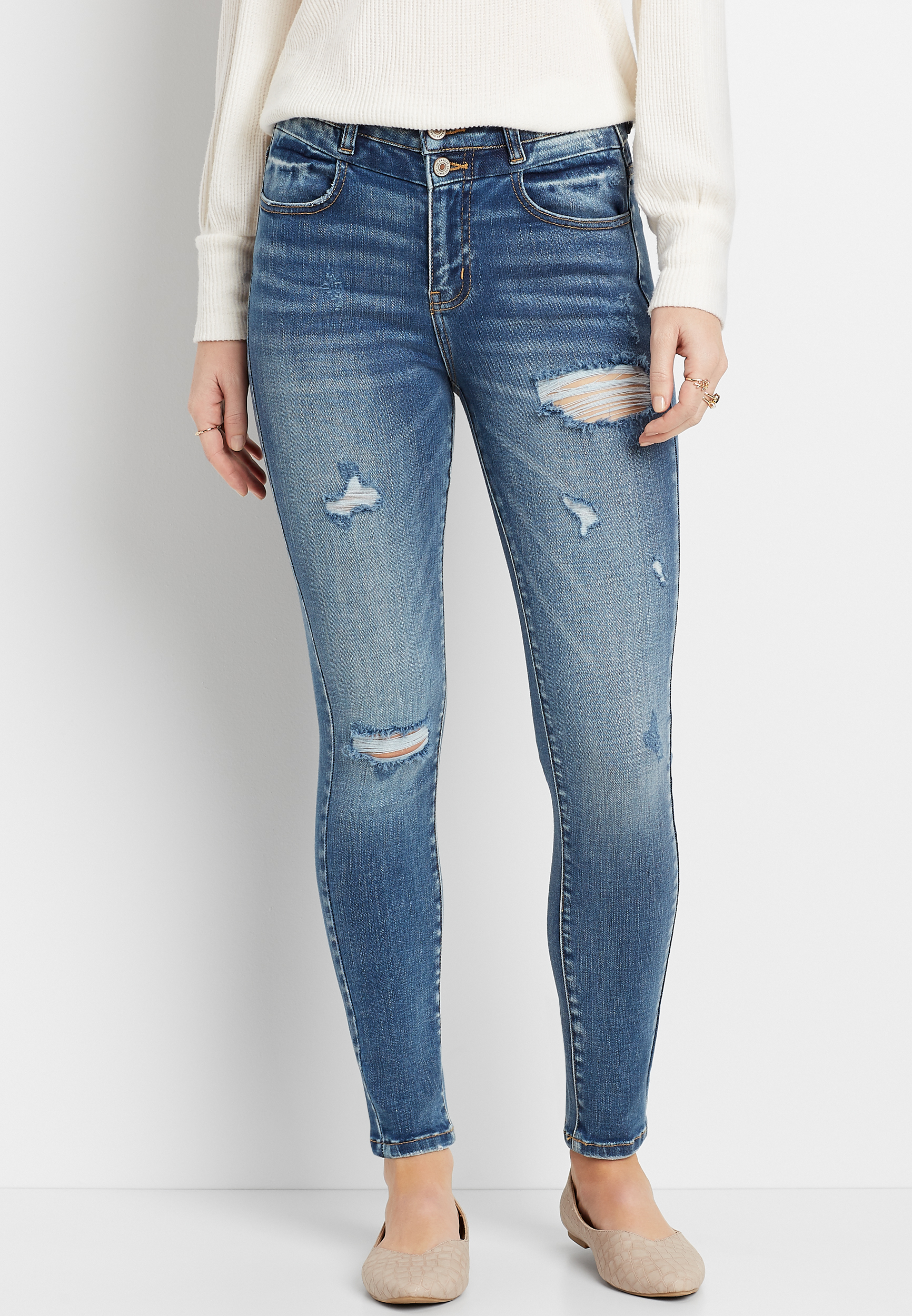 Image of Maurices Womens Kancan&trade; High Rise Dark Destructed Stacked Waist Skinny Jeans Blue