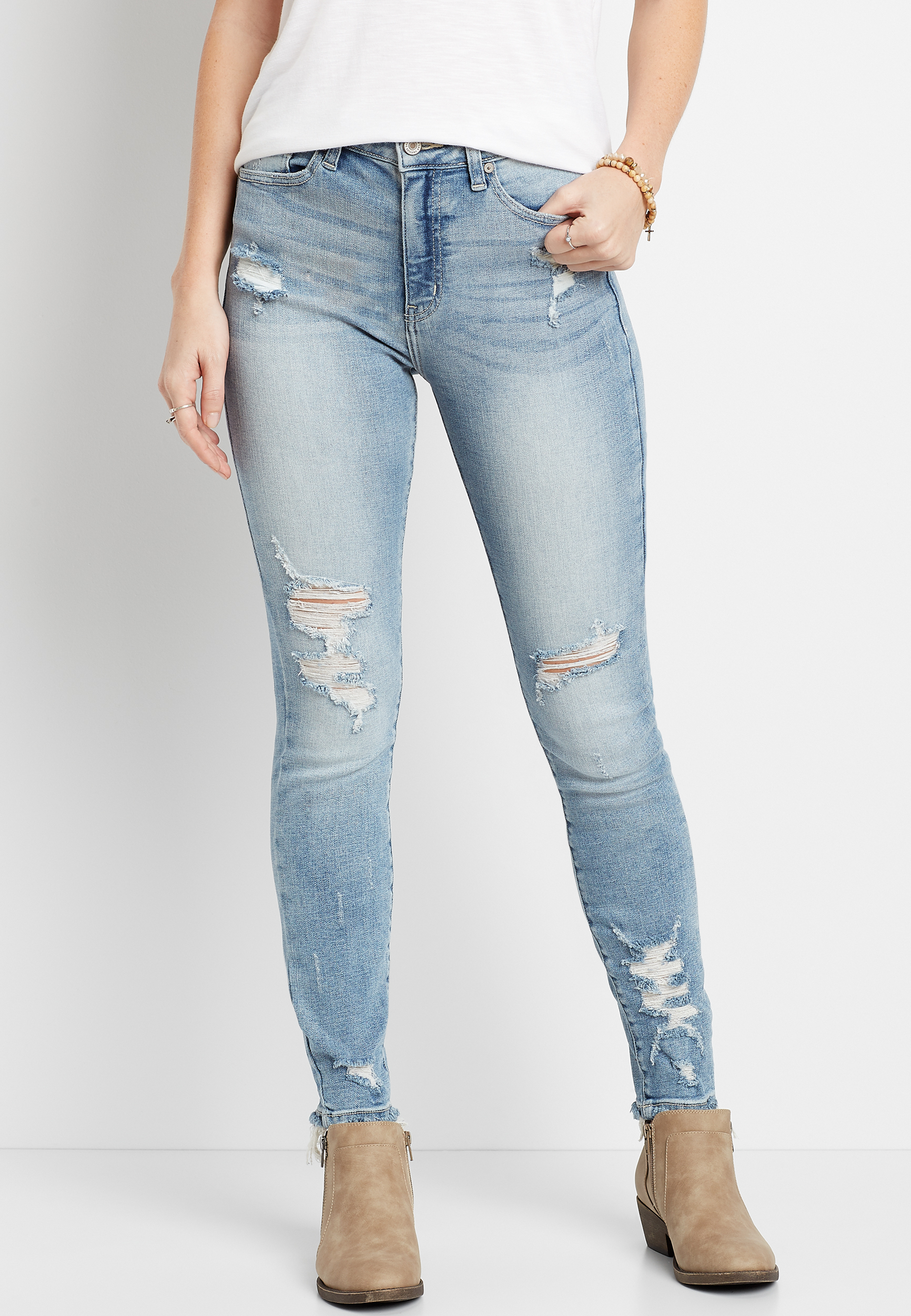 Image of Maurices Womens Kancan&trade; High Rise Light Wash Destructed Skinny Jeans Blue