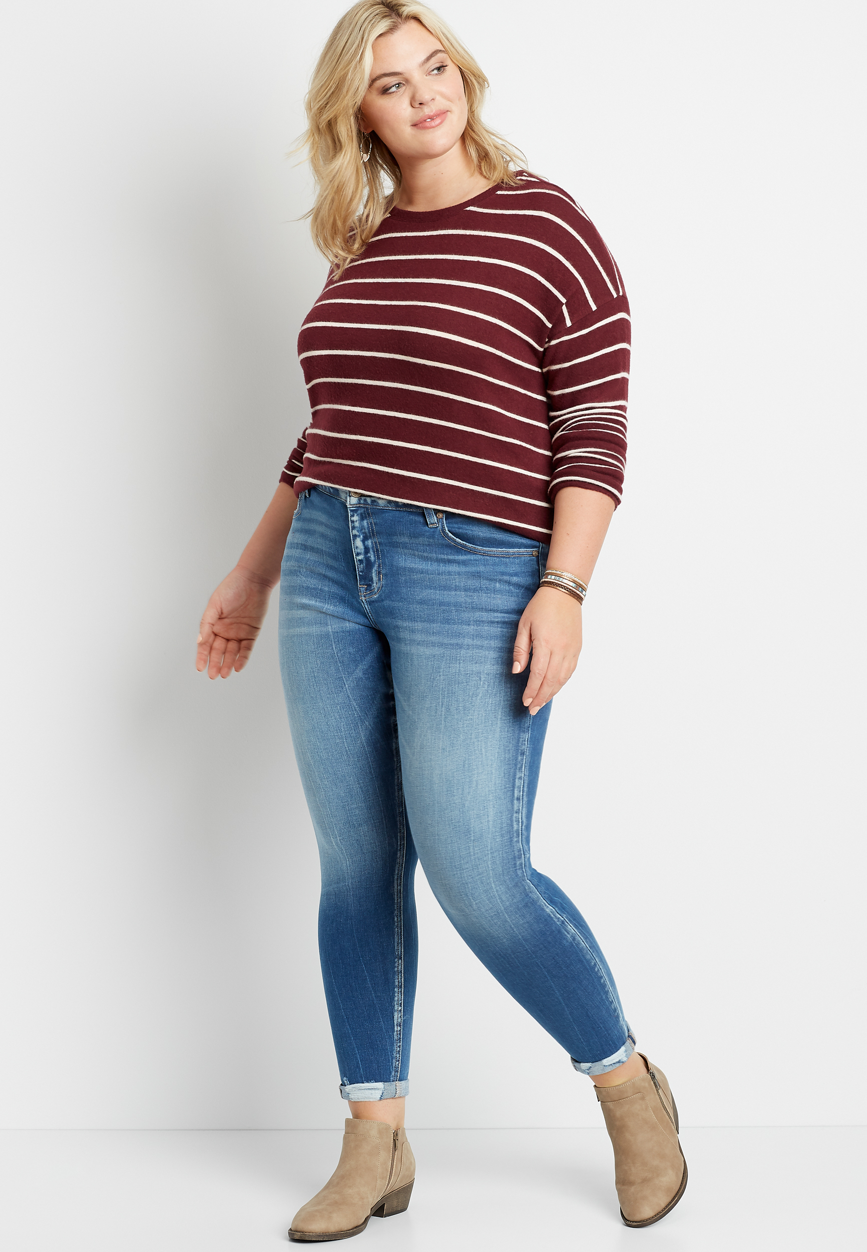 Image of Maurices Plus Size Jeans Womens Kancan&trade; Medium Destructed Rolled Hem Skinny Jeans Blue