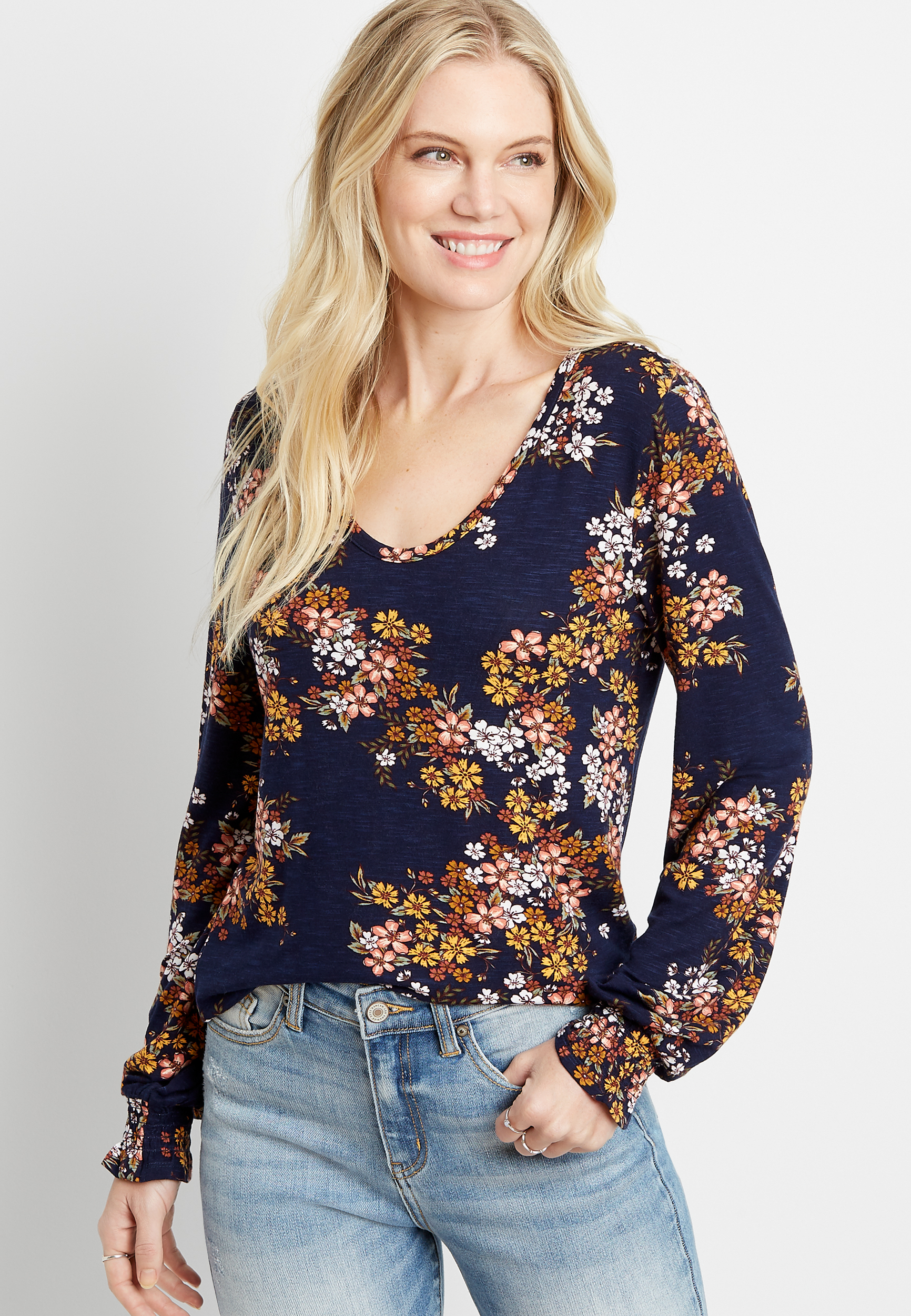 24/7 Blue Floral Long Flutter Sleeve Tuck In Tee | maurices