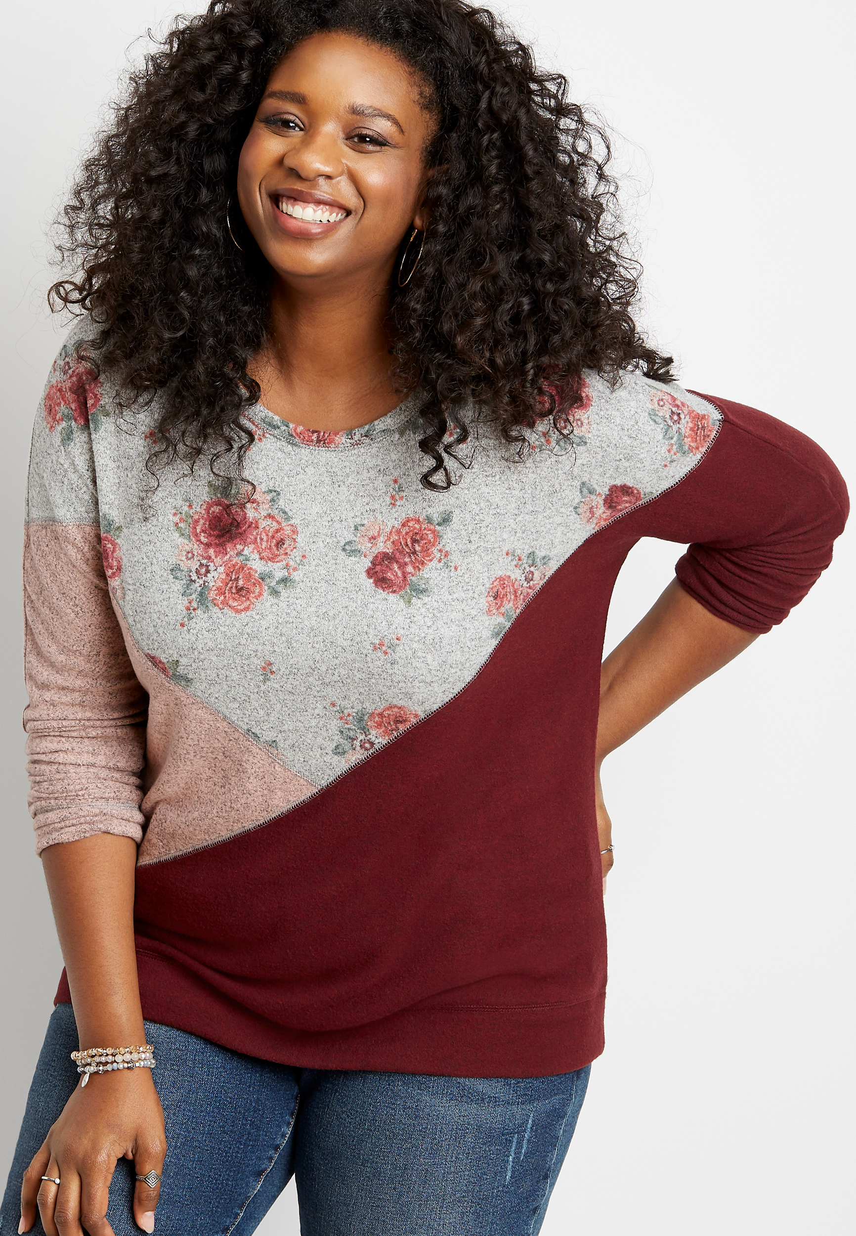Plus Size Floral Colorblock Straight Hem Pullover | maurices