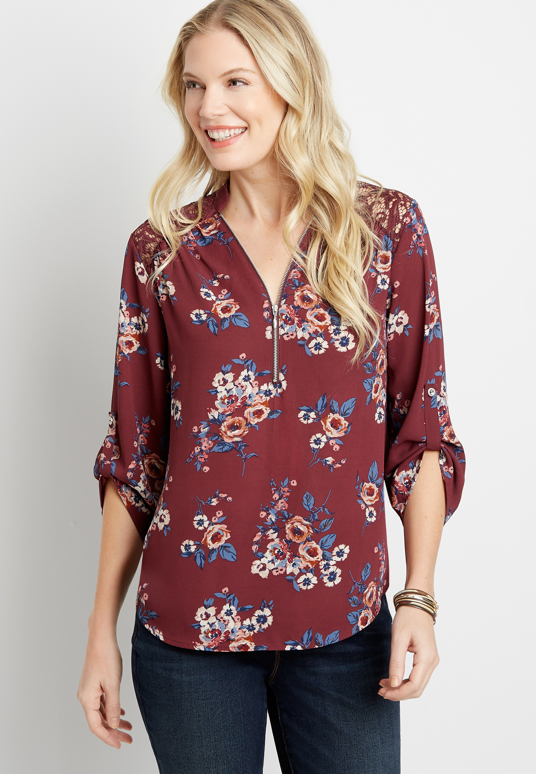 Berry Floral Zipper Front Lace Back Blouse | maurices