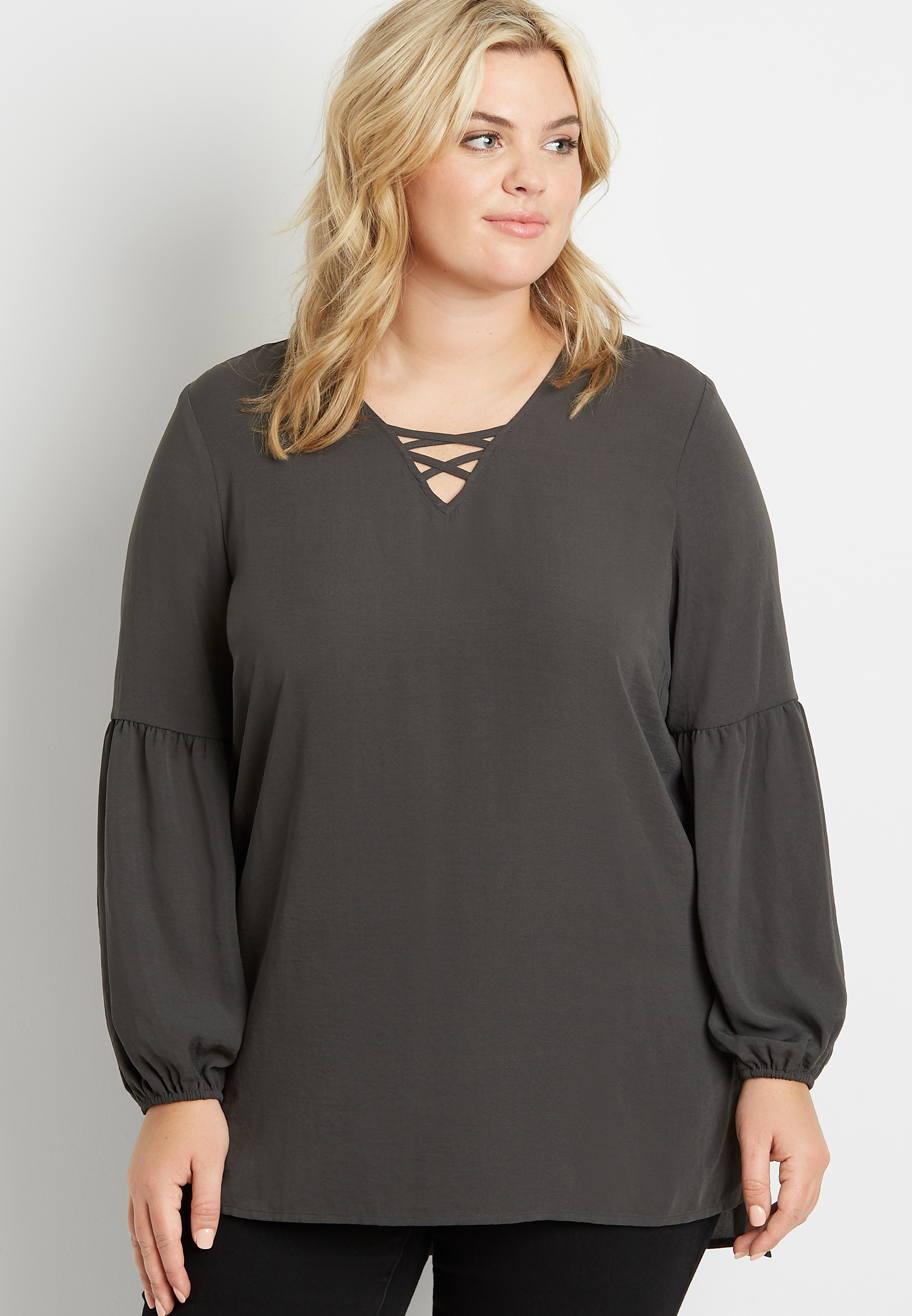 Plus Size Gray Lantern Sleeve Lattice Neck Tunic Blouse | maurices