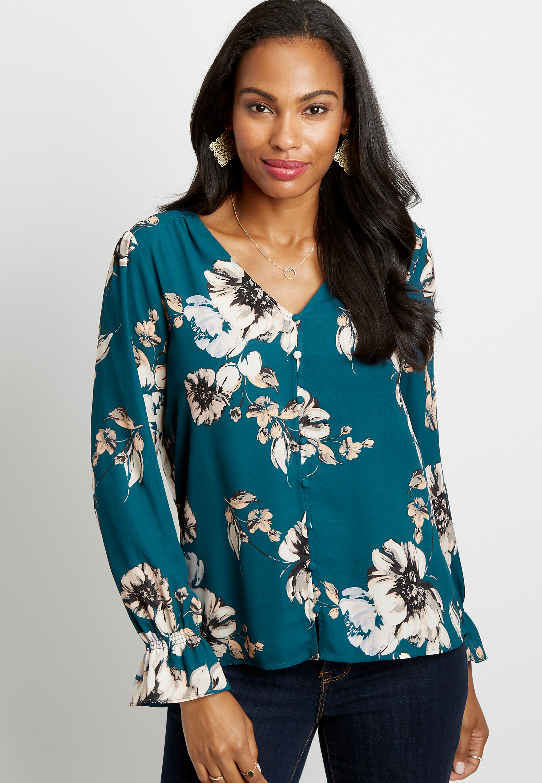 Blue Floral Button Front Flutter Sleeve Blouse | maurices