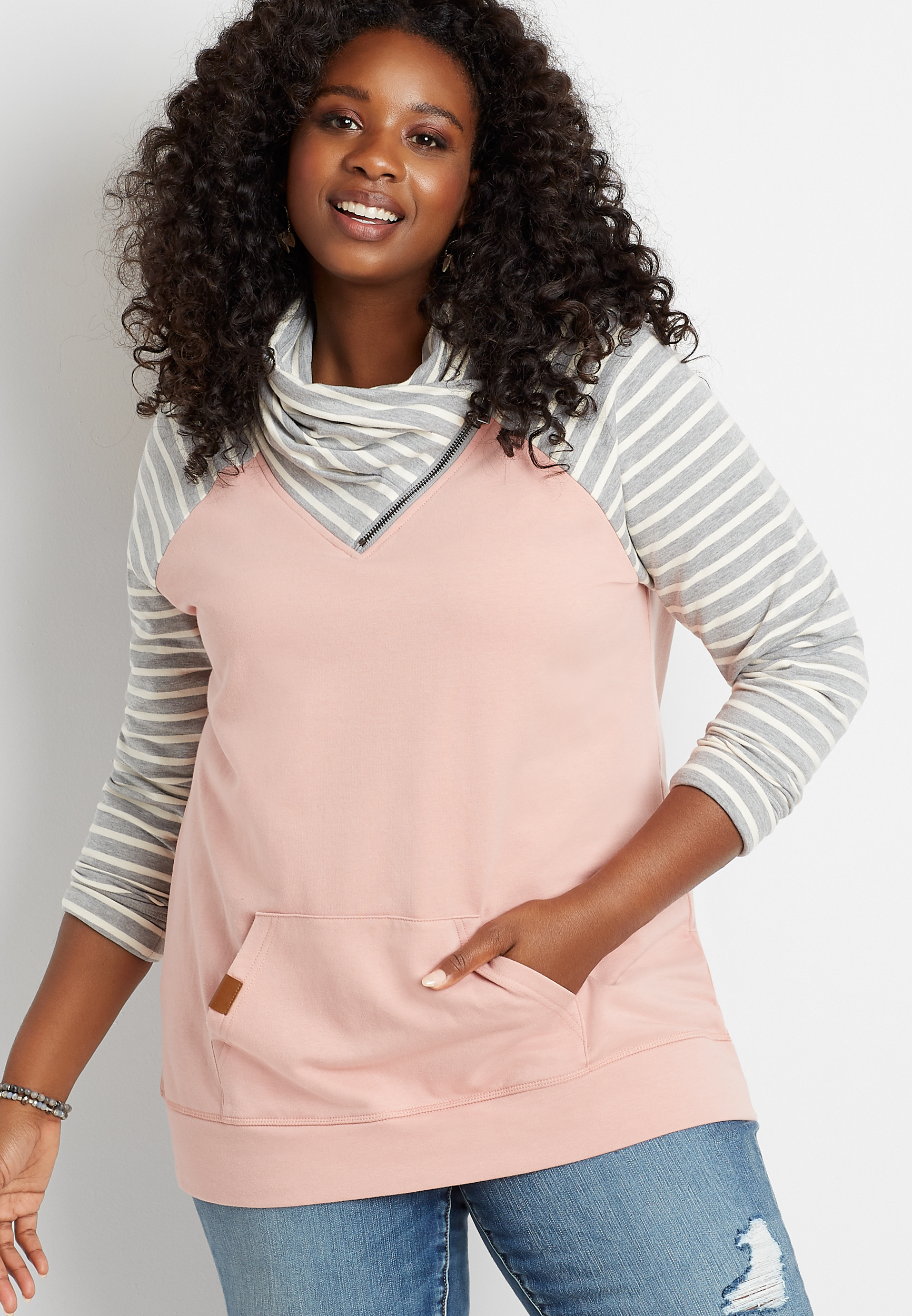 Plus Size Pink Stripe Sleeve Zipper Cowl Neck Pullover - Main Image