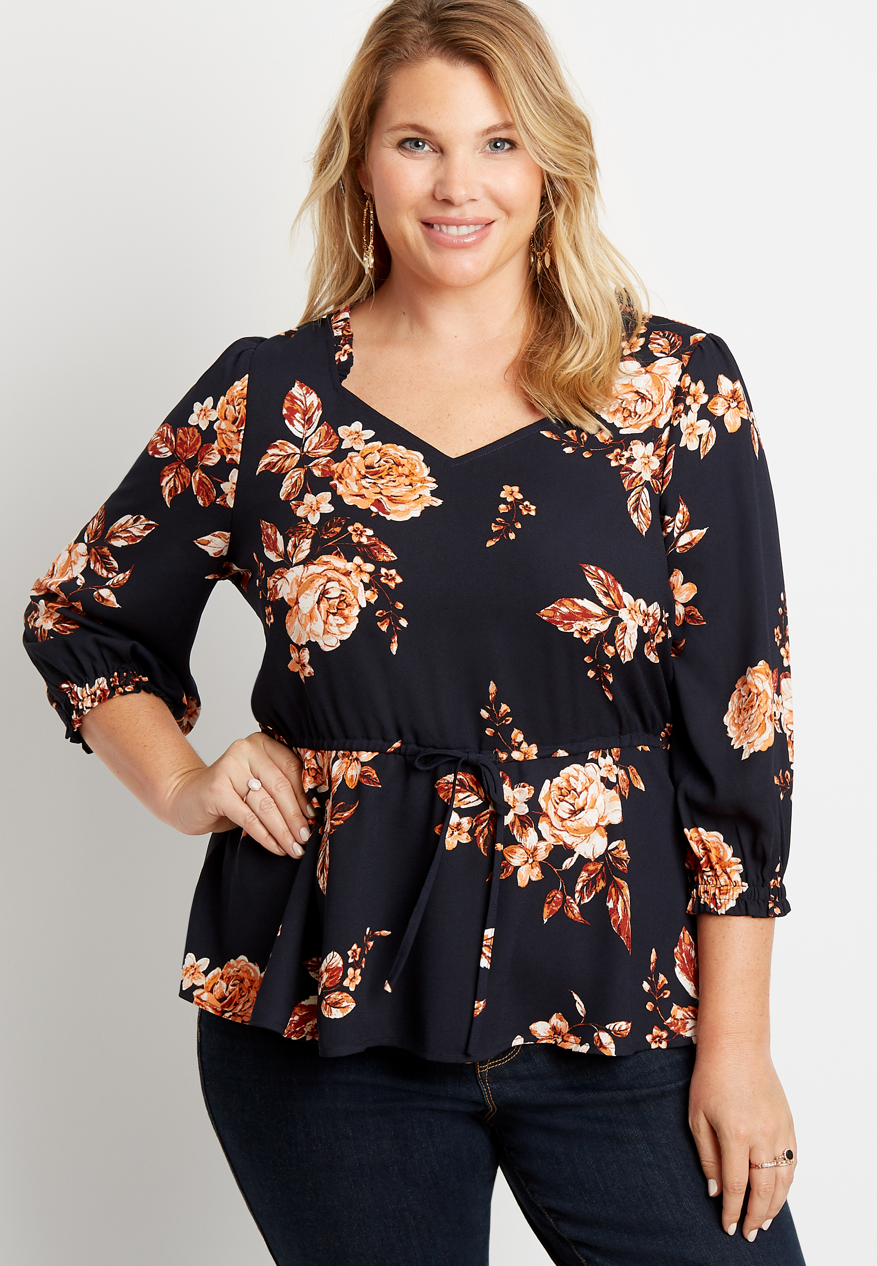 Plus Size Blue Floral Cinched Waist Ruffle Neck Peasant Top | maurices