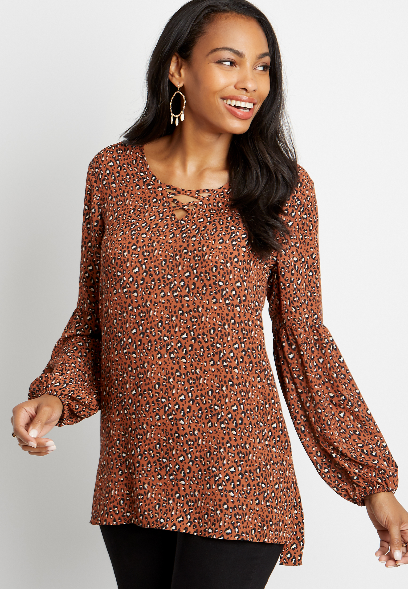 Leopard Lantern Sleeve Lattice Neck Tunic Blouse | maurices