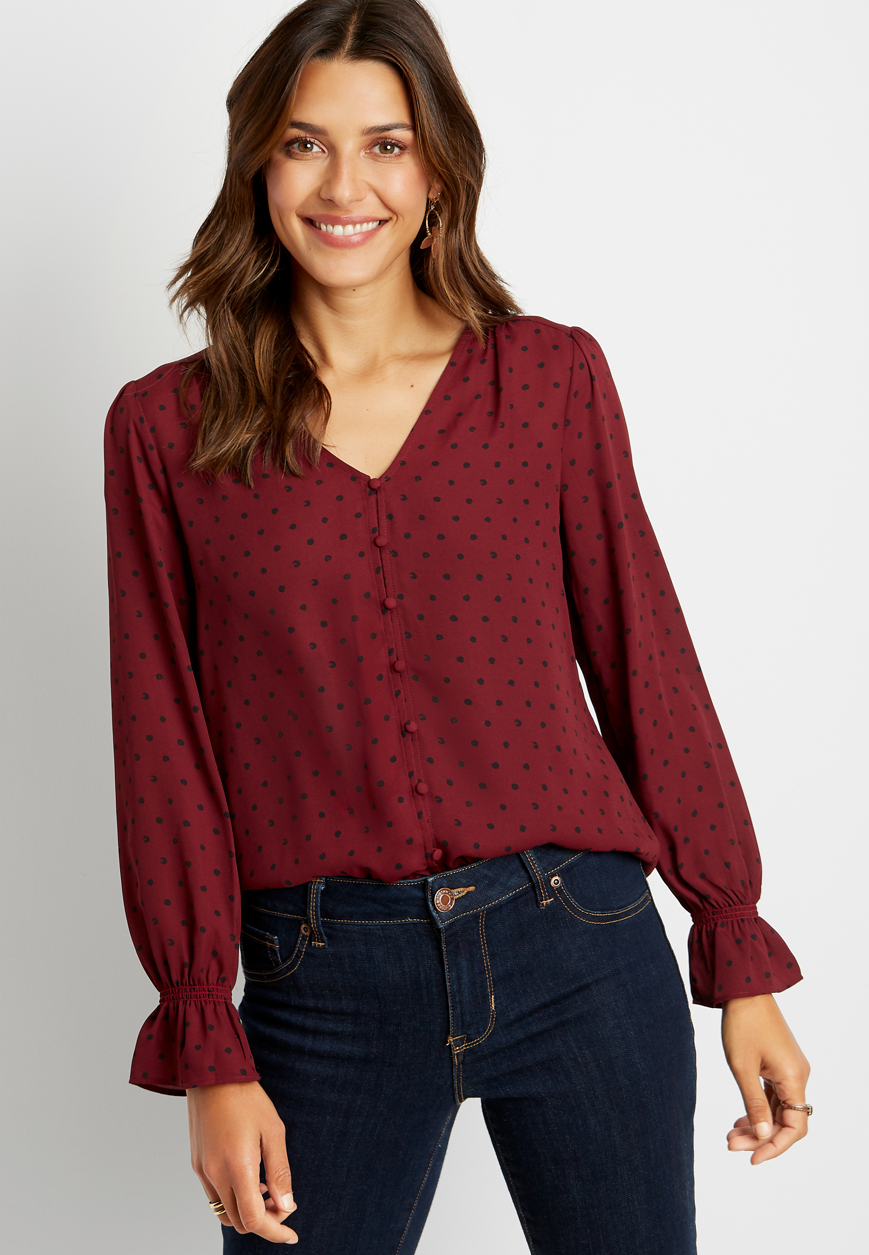 Berry Polka Dot Button Front Flutter Sleeve Blouse | maurices