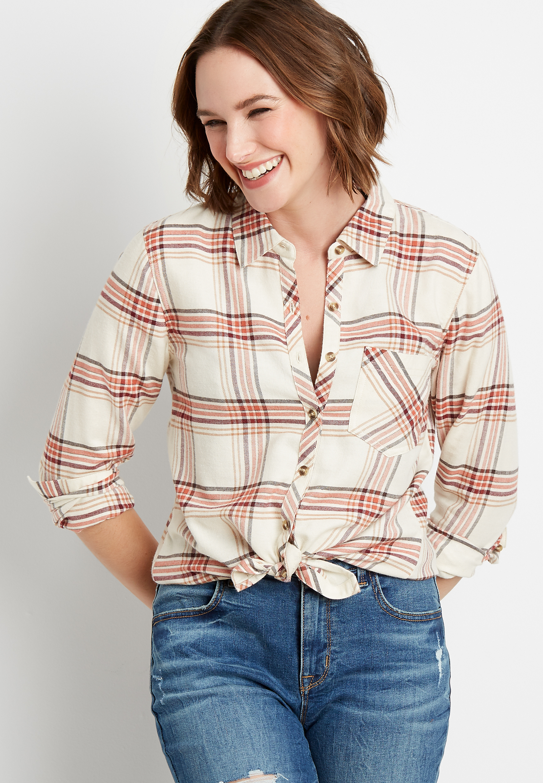 Multi Plaid Button Down Long Sleeve Flannel Shirt | maurices
