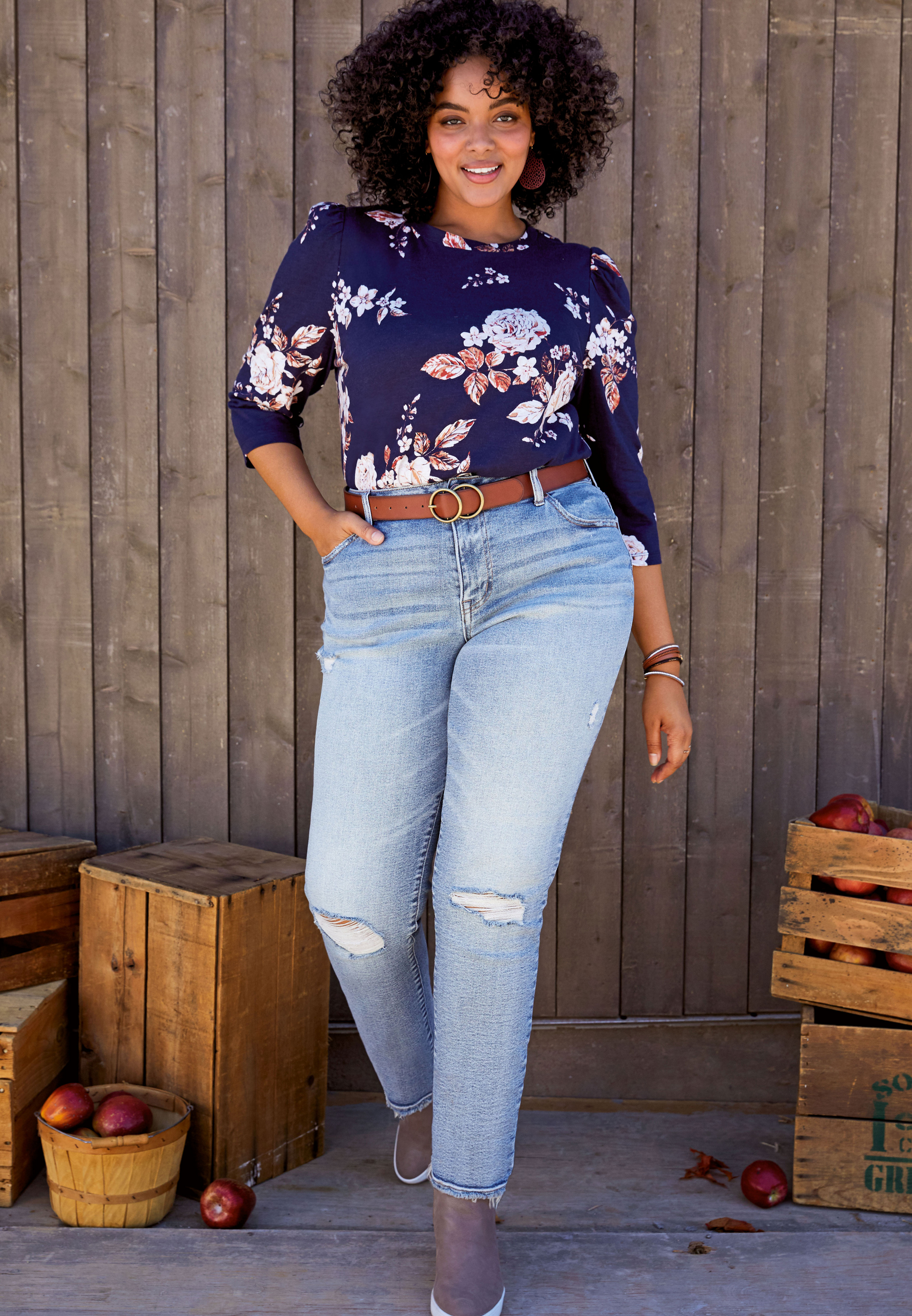 Image of Maurices Plus Size Jeans Womens Vintage High Rise Destructed Slim Straight Leg Jeans Blue