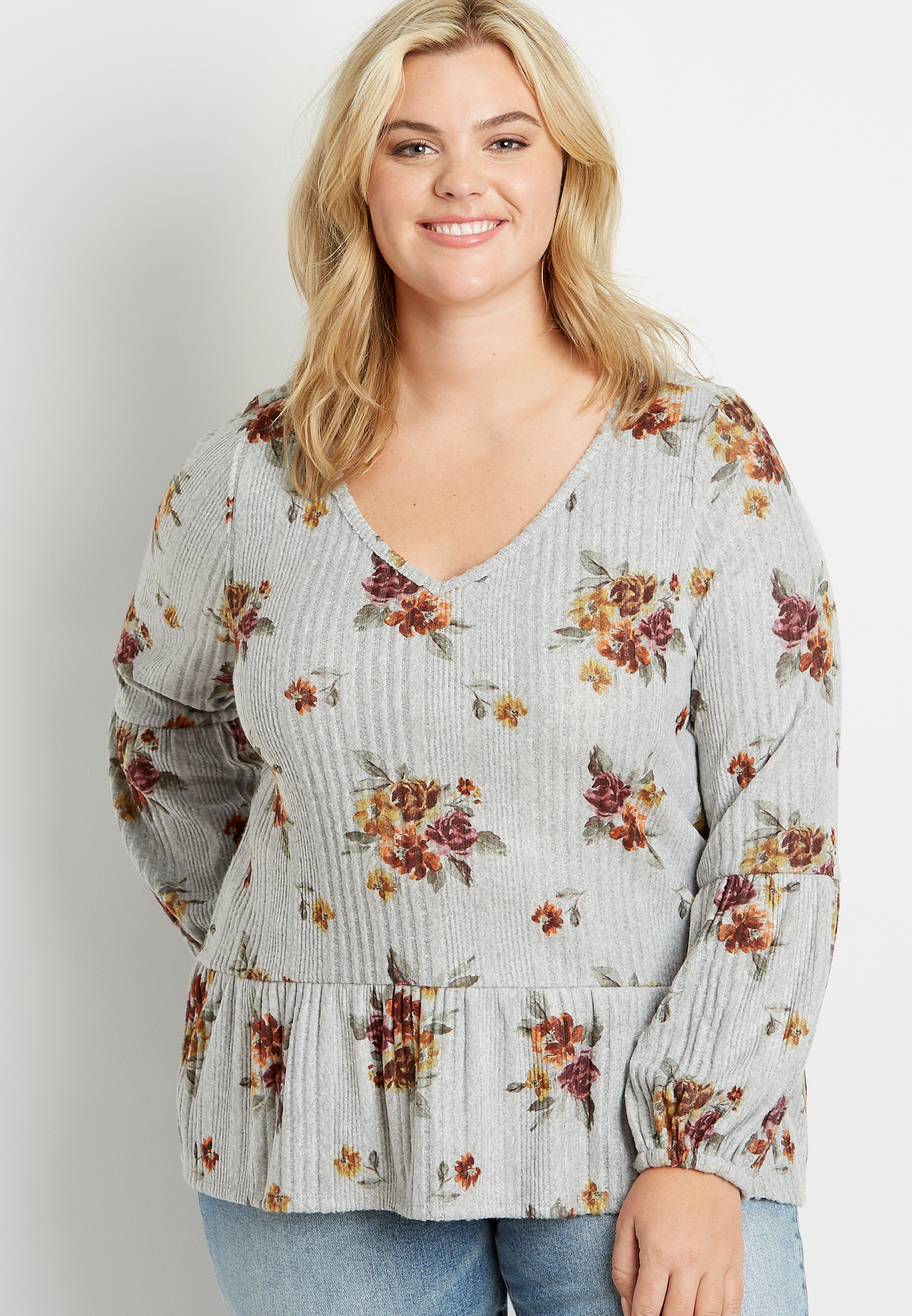 Image of Maurices Plus Size Womens Gray Floral Ribbed Peplum Long Sleeve Shirt