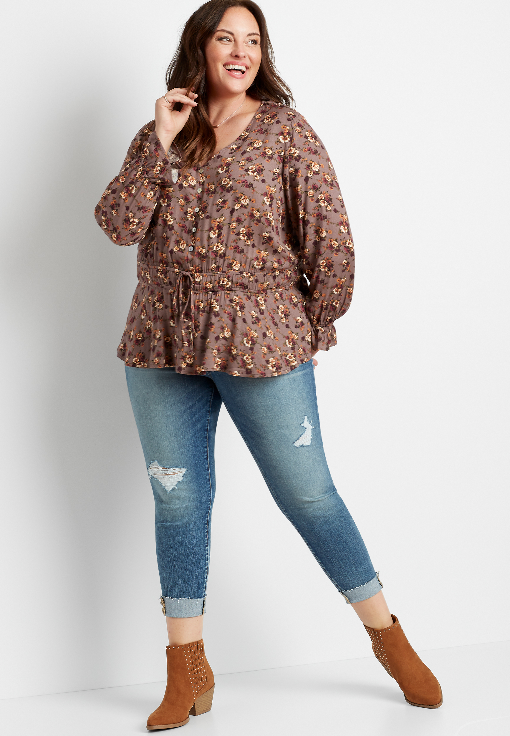 Image of Maurices Plus Size Womens Brown Floral Cinched Waist Long Sleeve Top