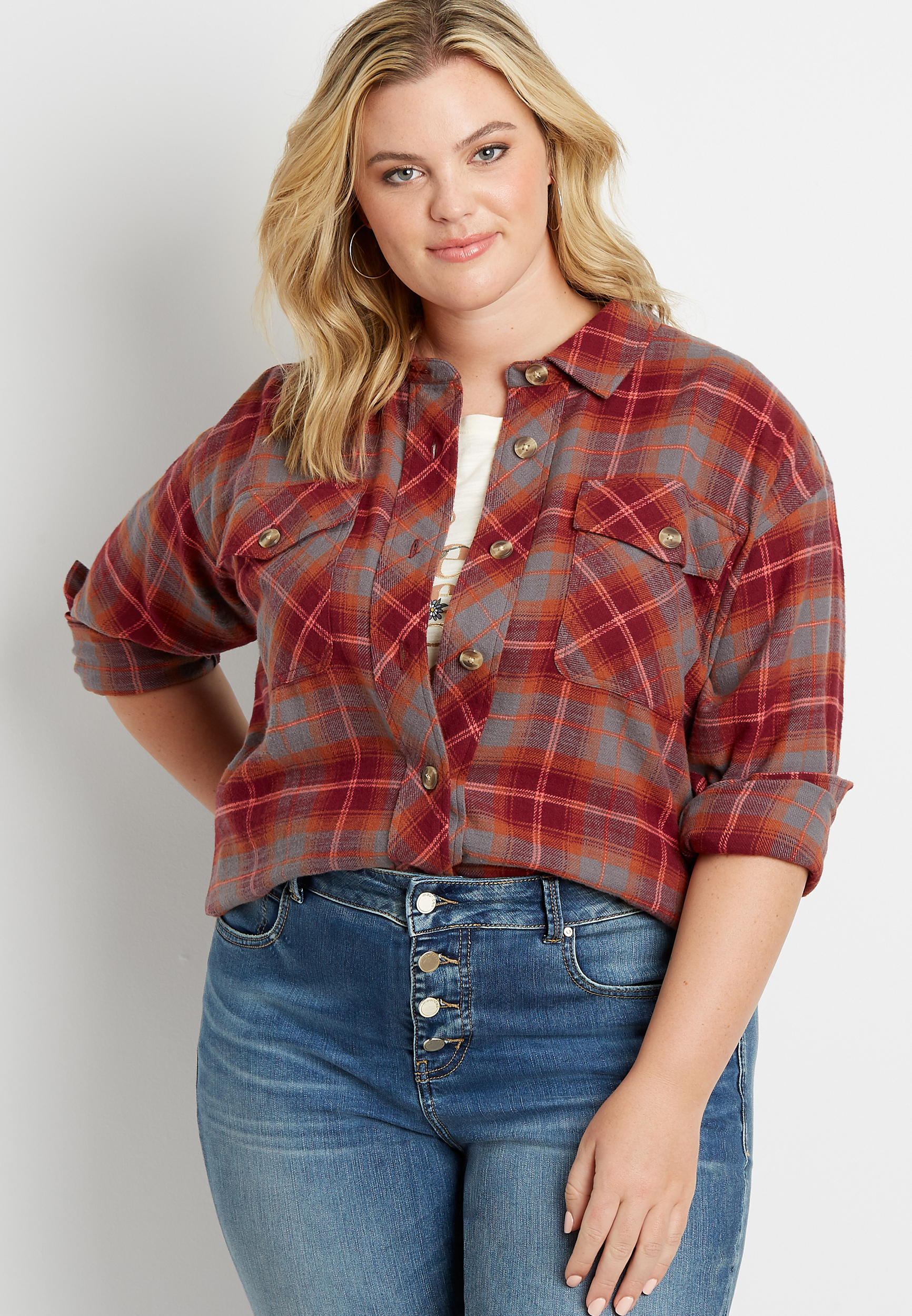 Plus Size Berry Plaid Button Down Long Sleeve Cropped Flannel Shacket ...
