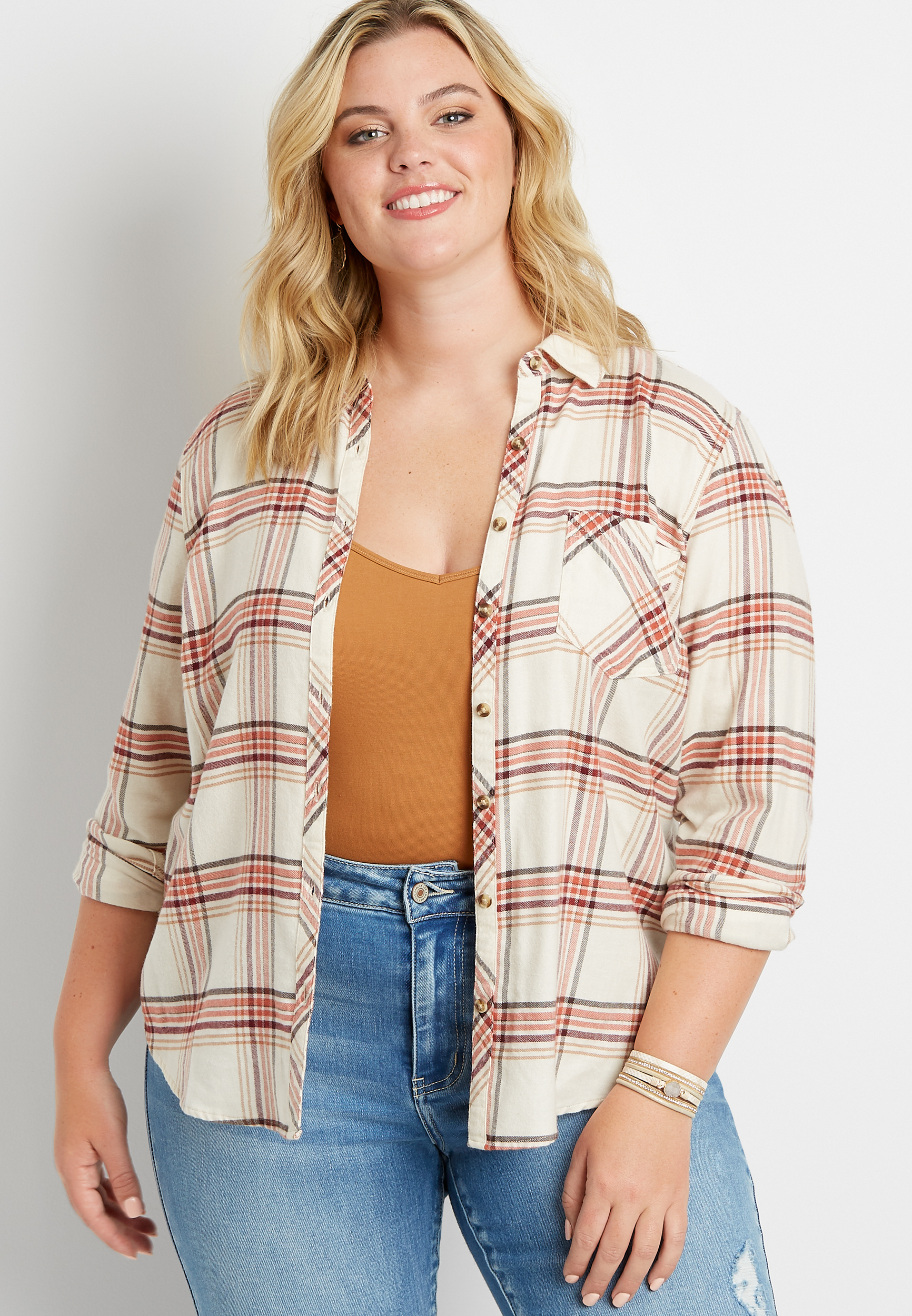 Plus Size Multi Plaid Button Down Long Sleeve Flannel Shirt | maurices