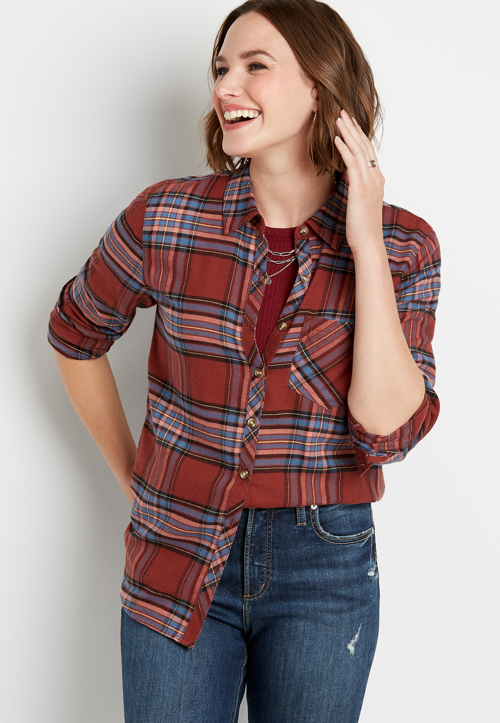 Berry Plaid Button Down Long Sleeve Flannel Shirt | maurices