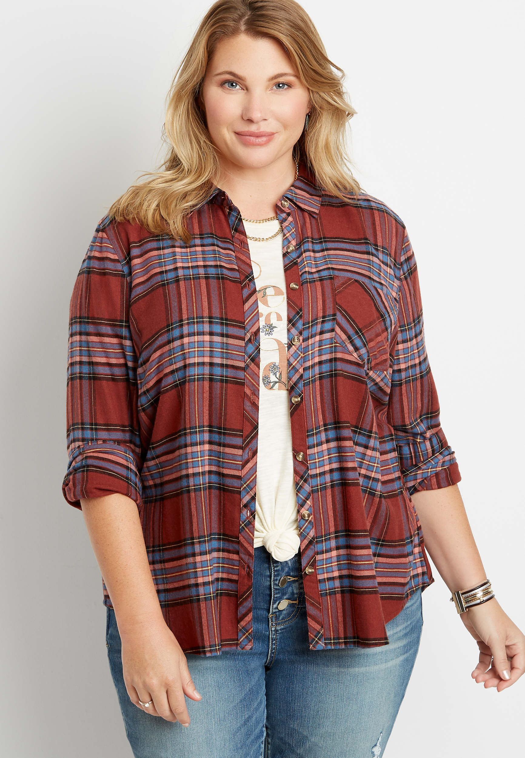 Plus Size Berry Plaid Button Down Long Sleeve Flannel Shirt | maurices