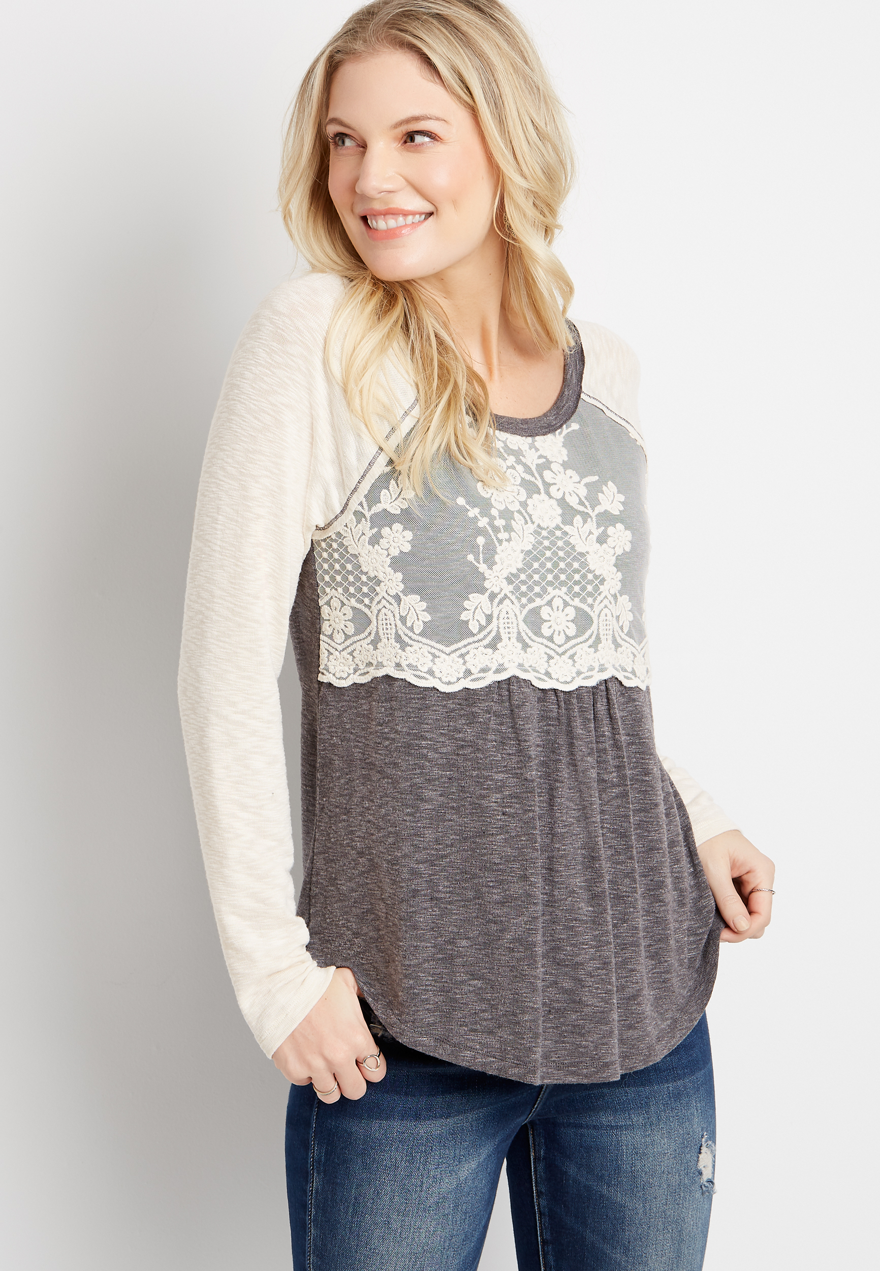 Solid Lace Front Knit Long Sleeve Top | maurices