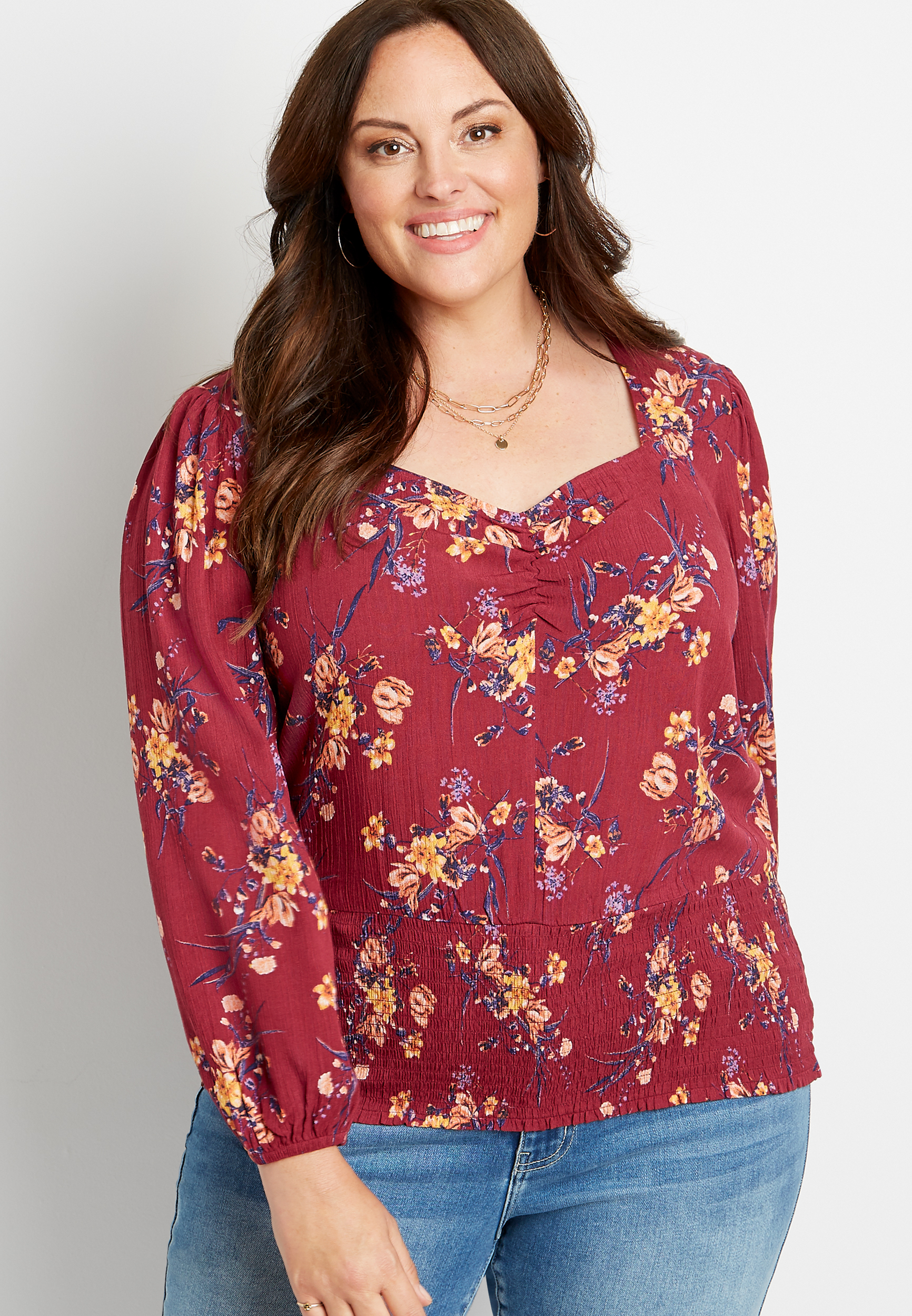 Plus Size Red Floral Sweatheart Neck Smocked Bottom Top | maurices