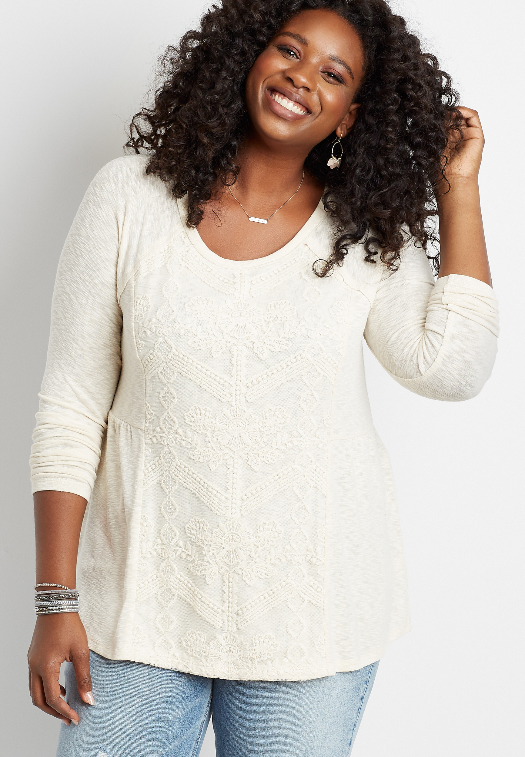 Plus Size Solid Lace Front Knit Long Sleeve Top | maurices