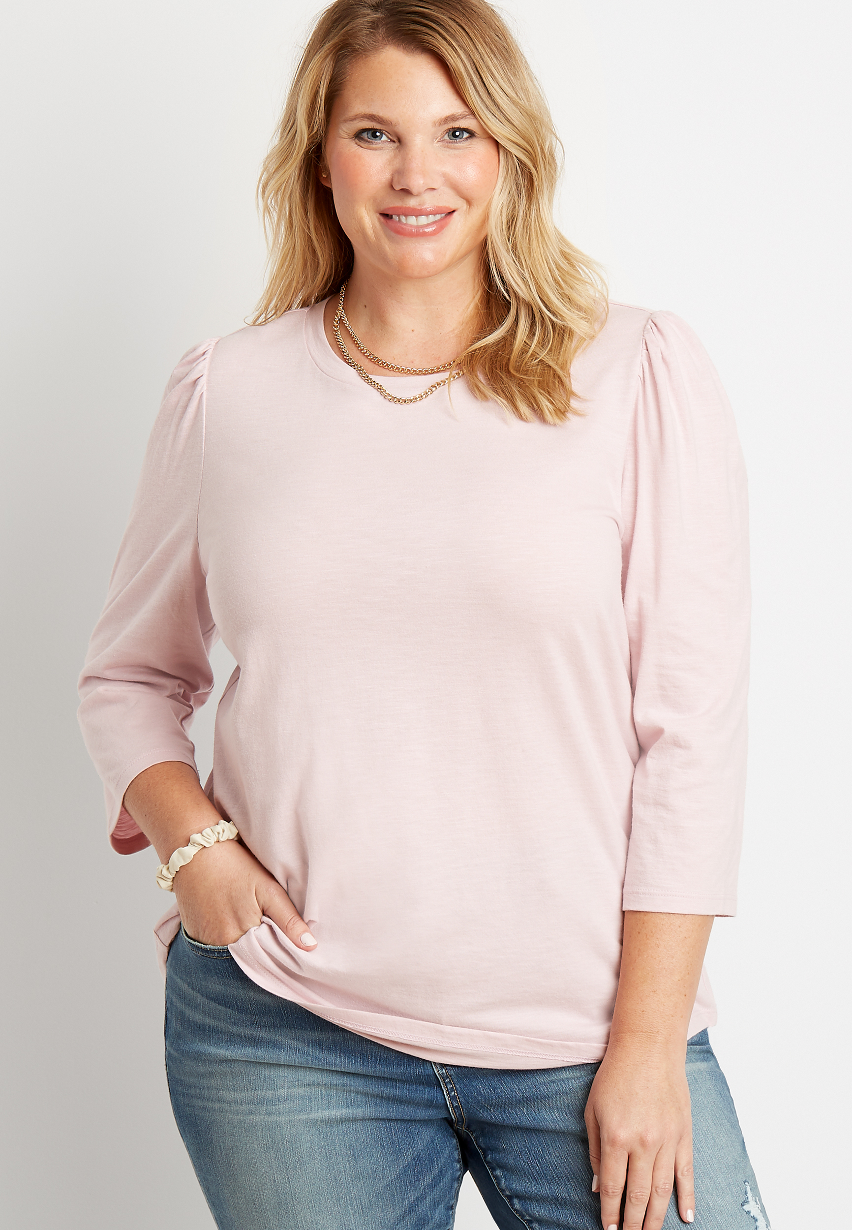 Plus Size 24/7 Light Pink Puff 3/4 Sleeve Tee | maurices