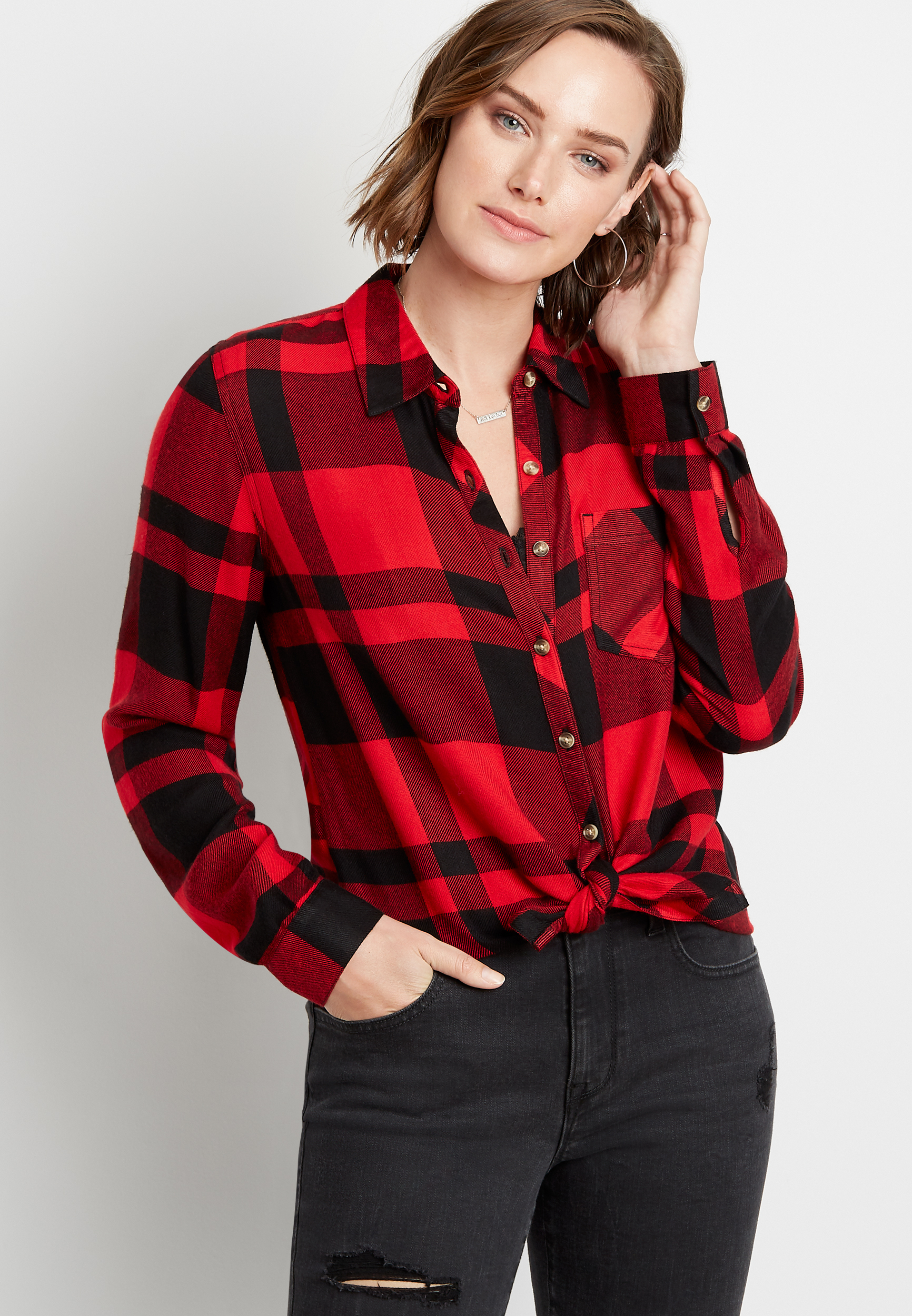 Red Buffalo Plaid Button Down Long Sleeve Flannel Shirt | maurices