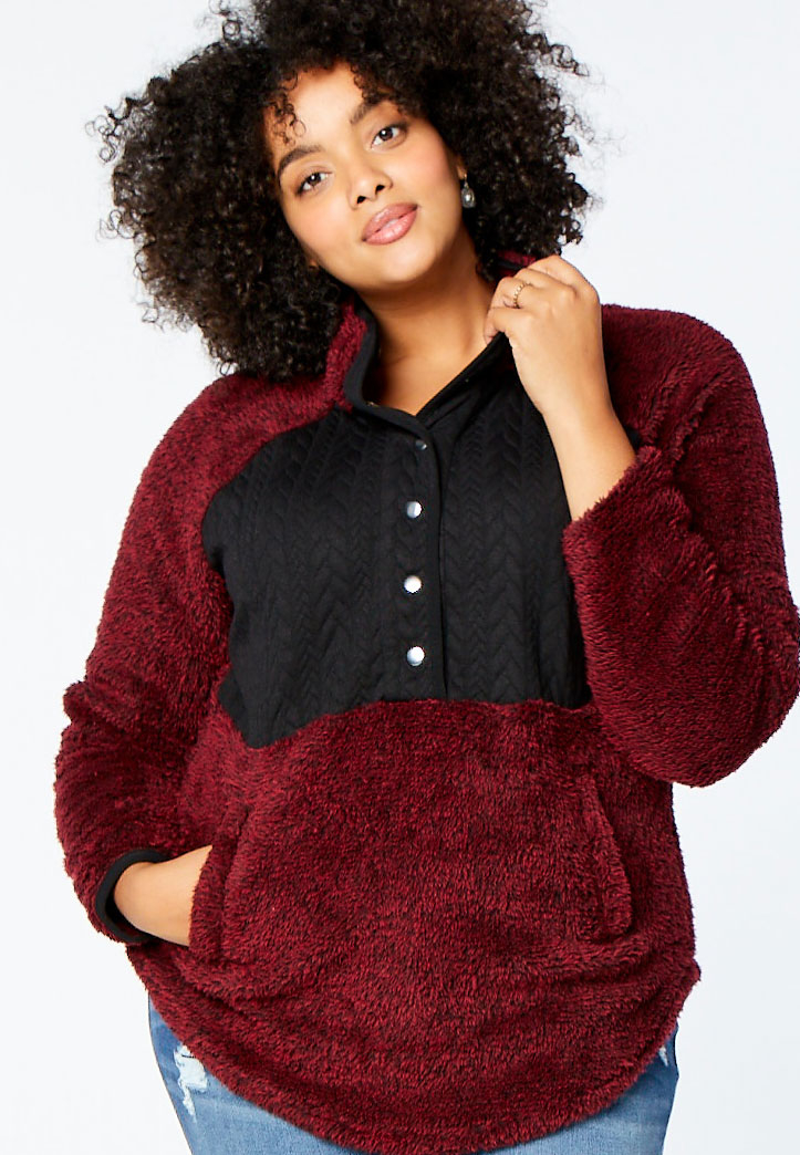 red sherpa pullover