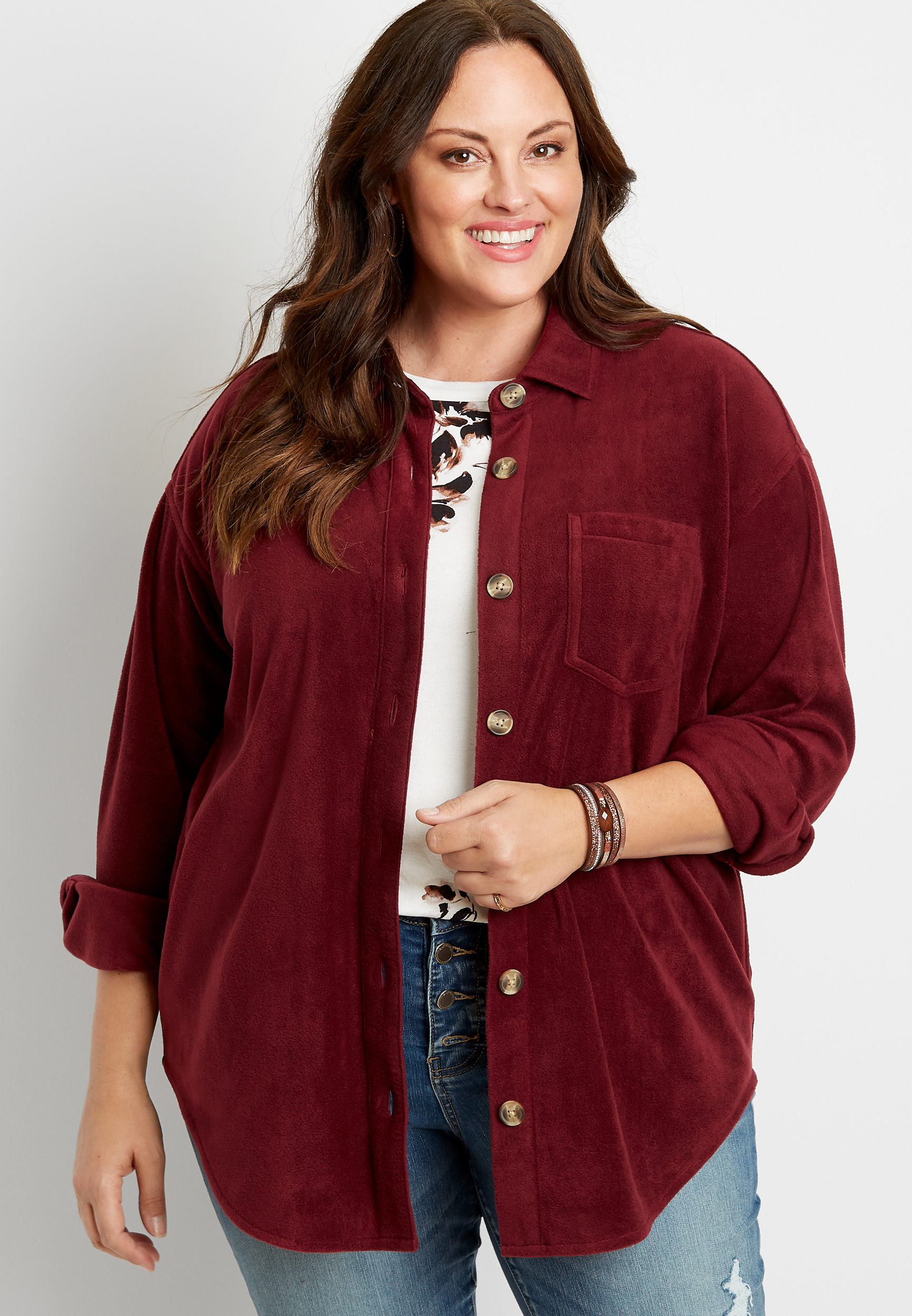 Plus Size Berry Fleece Button Down Long Sleeve Oversized Shacket maurices