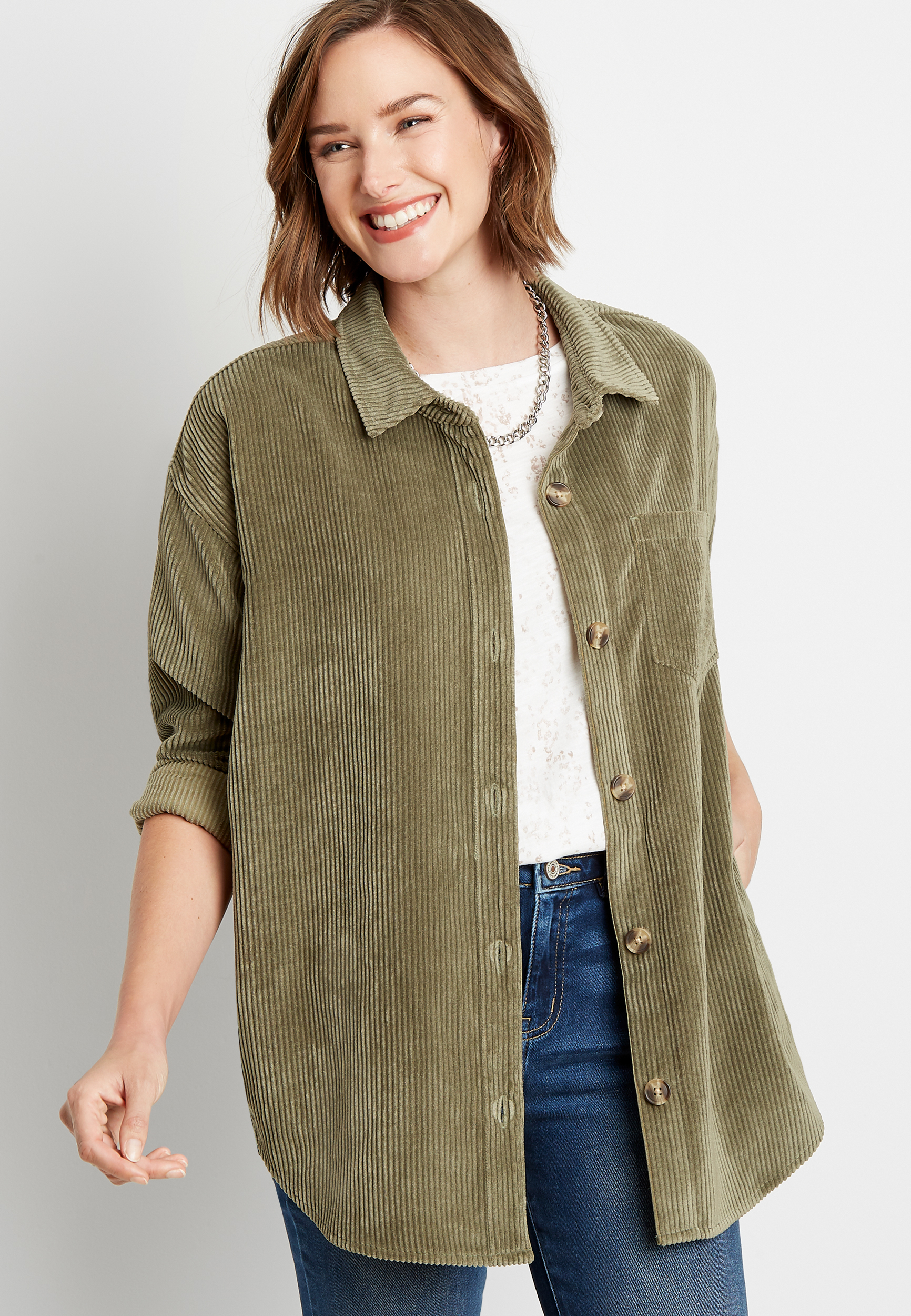 Olive Corduroy Button Down Long Sleeve Oversized Shacket | maurices